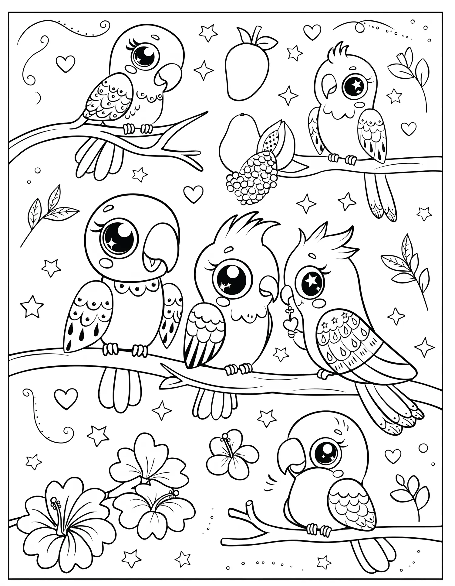 Oiseaux Perroquets Kawaii - Coloriage kawaii à imprimer gratuitement