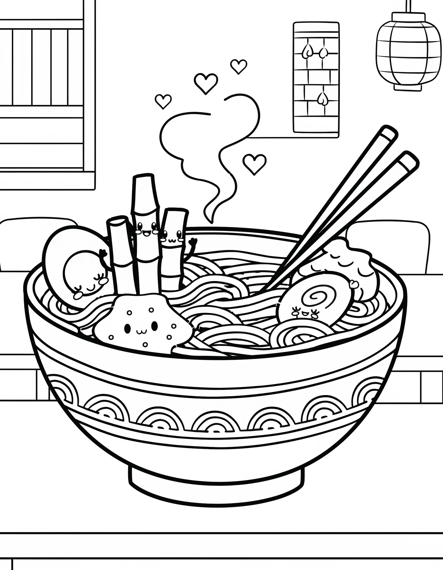 Ramen et Noodles Kawaii - Coloriage kawaii à imprimer gratuitement