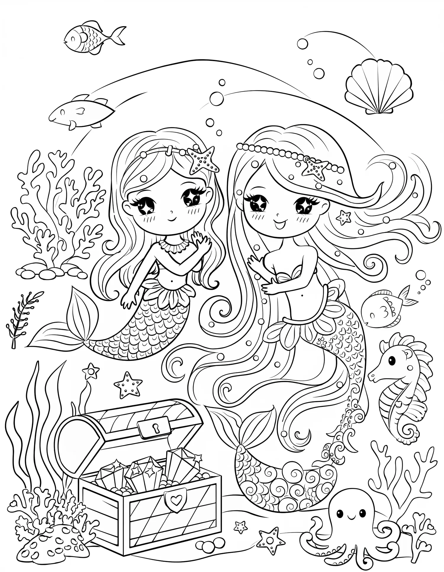Sirènes Kawaii Profondes - Coloriage kawaii à imprimer gratuitement