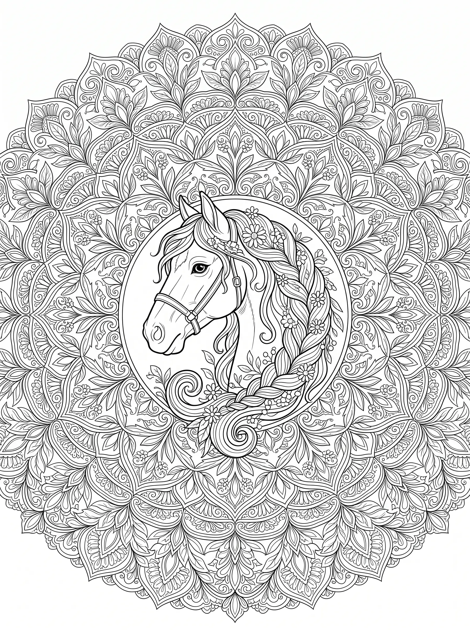 Mandala Cheval à la Crinière Fleurie - Coloriage mandala à imprimer gratuitement