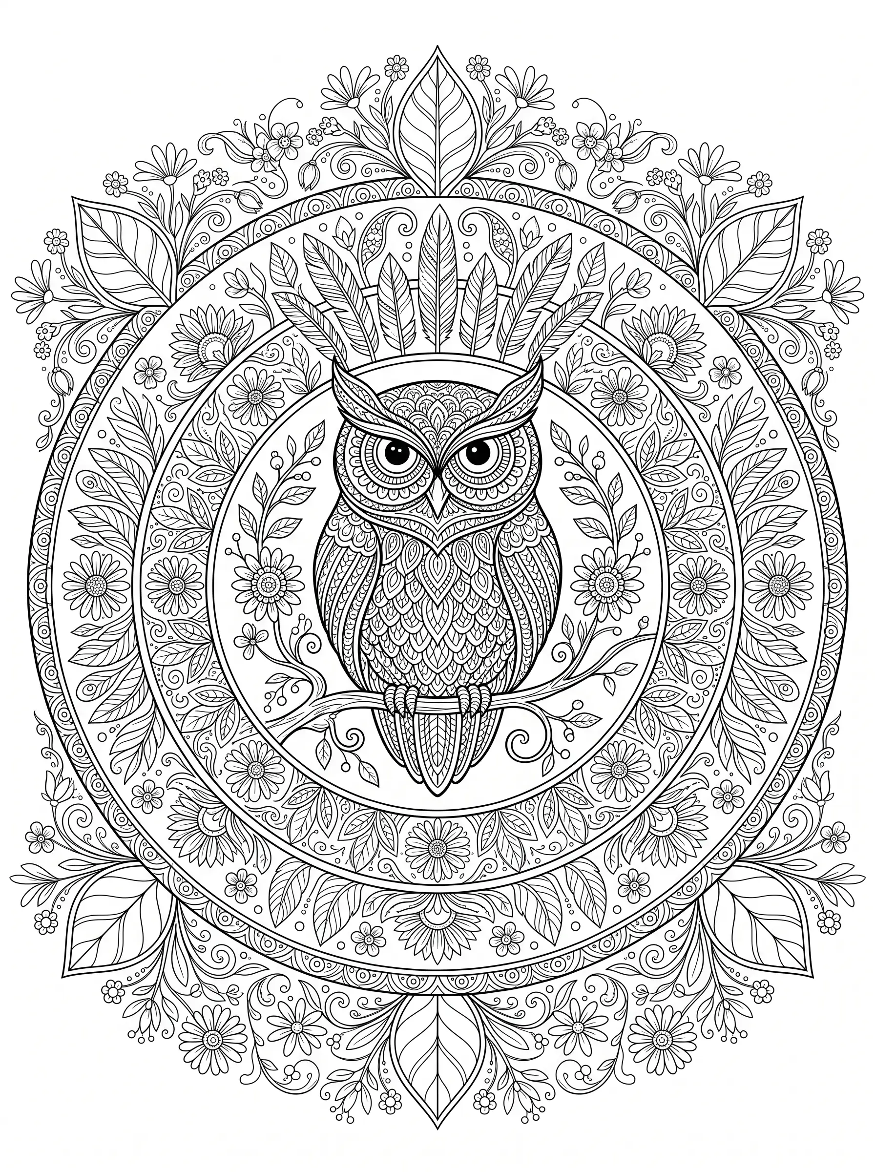 Mandala Hibou sur sa Branche - Coloriage mandala à imprimer gratuitement