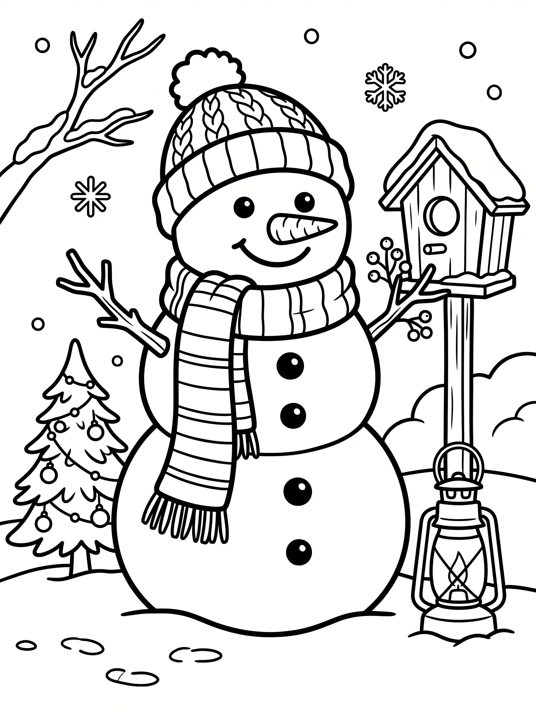 Bonhomme de Neige au Jardin, coloriage de Noël adulte à imprimer gratuitement