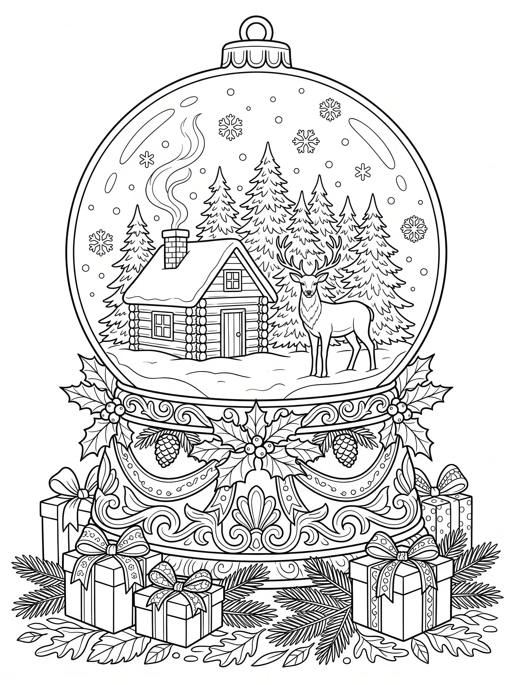 Boule à Neige au Cerf, coloriage de Noël adulte à imprimer gratuitement