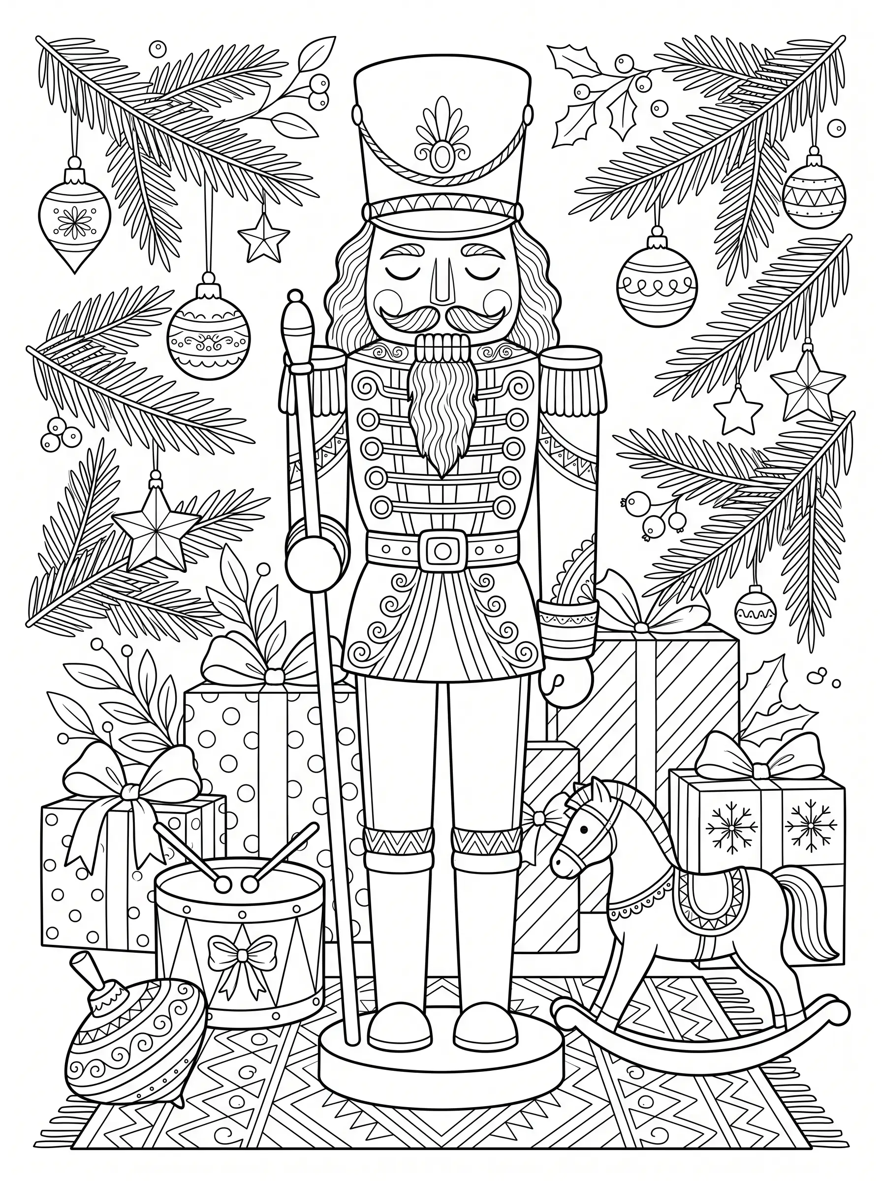 Casse-Noisette et Jouets Anciens, coloriage de Noël adulte à imprimer gratuitement
