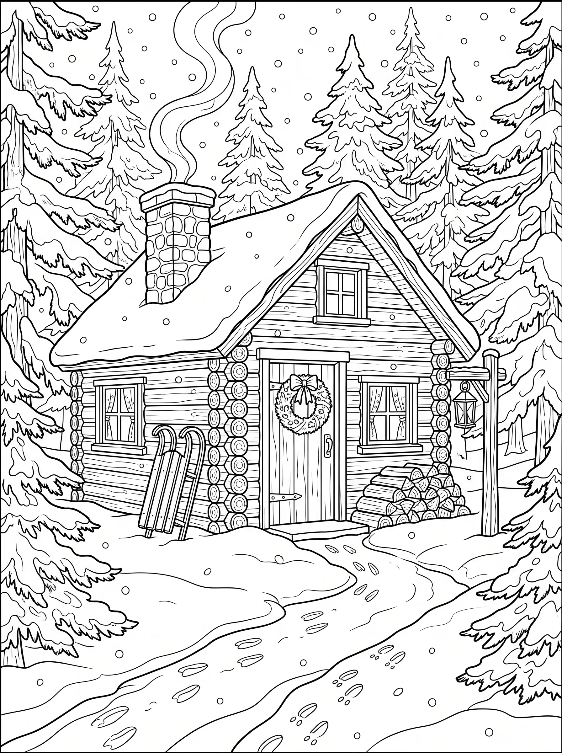 Chalet dans la Forêt Enneigée, coloriage de Noël adulte à imprimer gratuitement