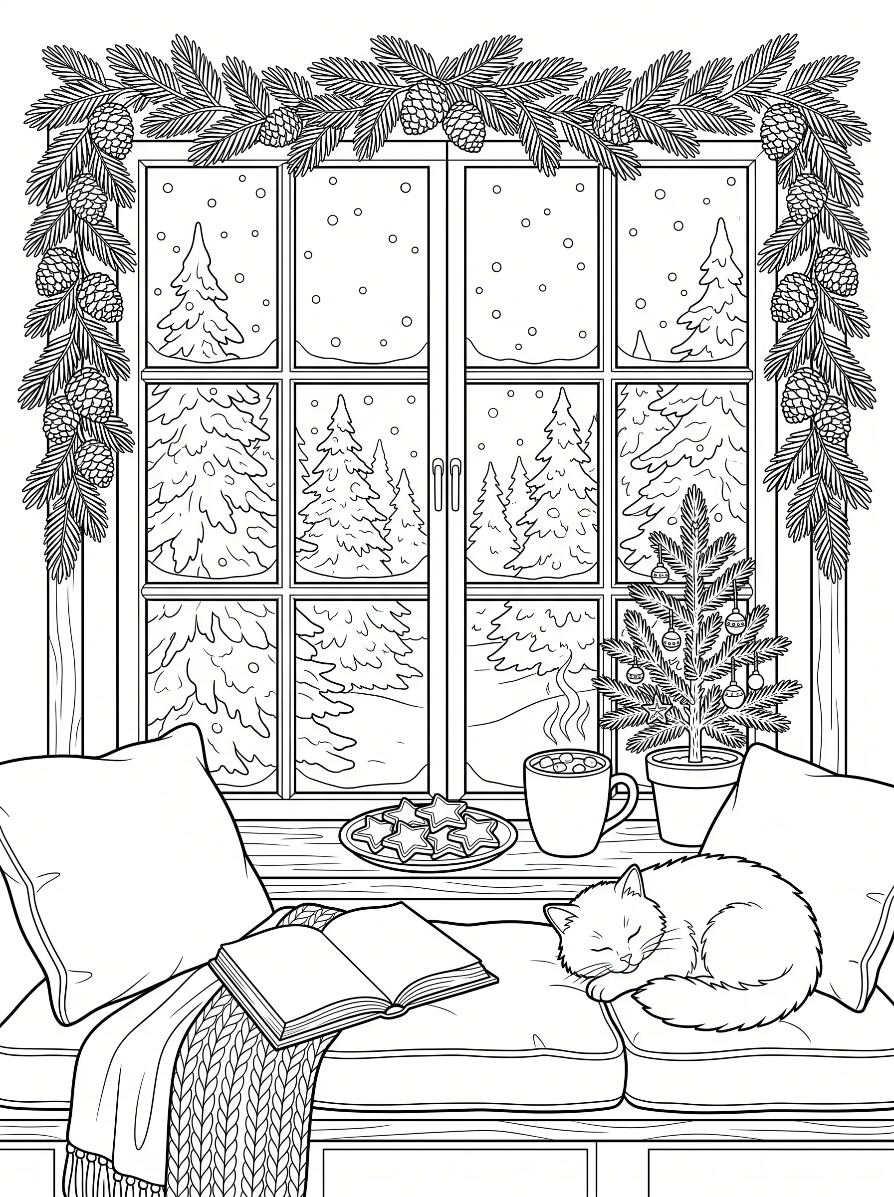 Chocolat Chaud à la Fenêtre, coloriage de Noël adulte à imprimer gratuitement