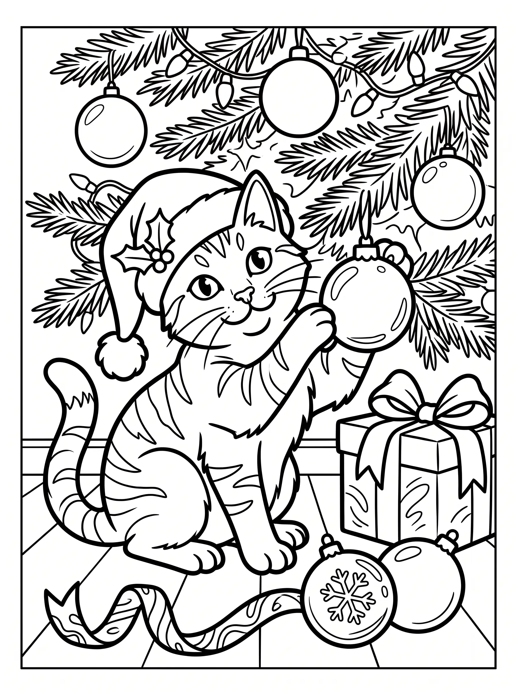 Christmas Cat Playing with Ornaments, free printable Christmas coloring page for adults