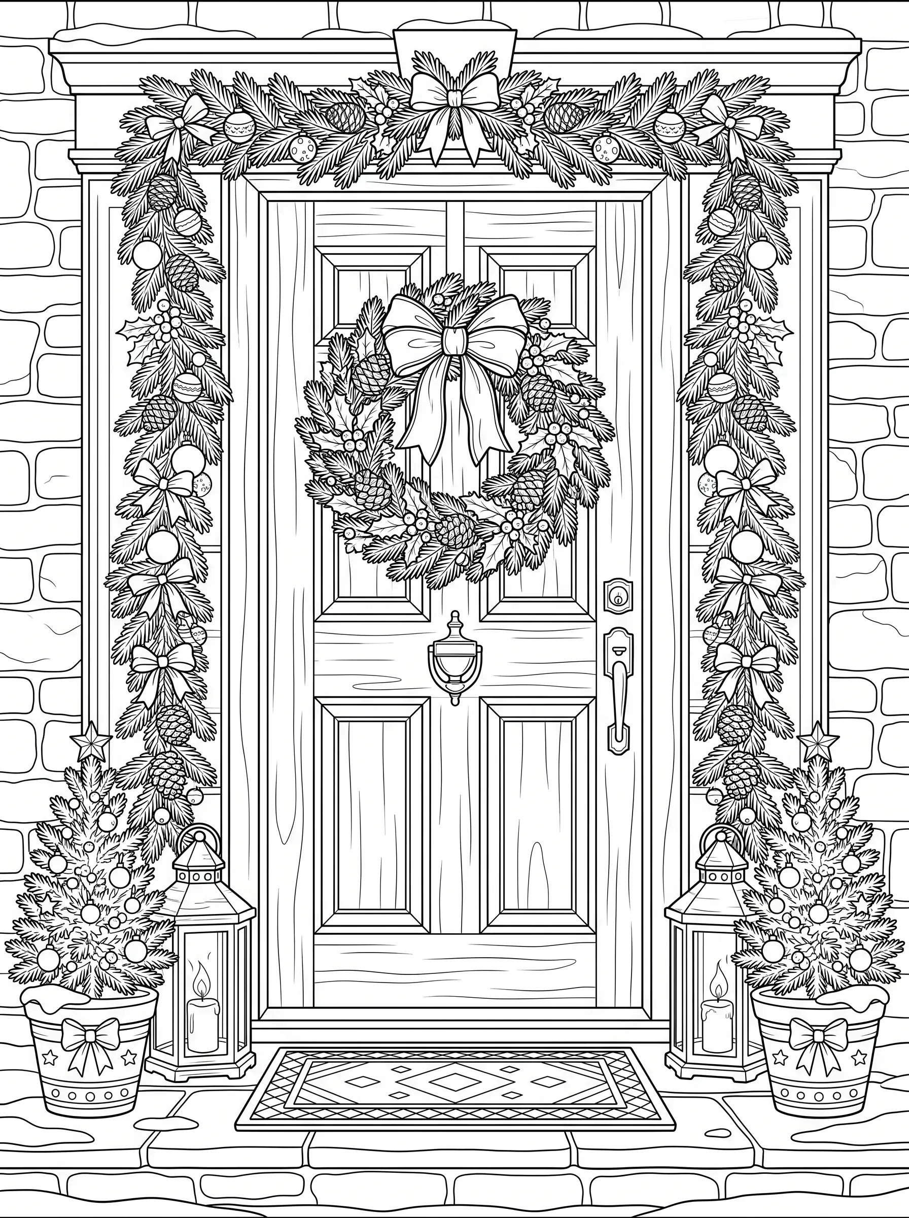 Couronne de Noël sur la Porte, coloriage de Noël adulte à imprimer gratuitement