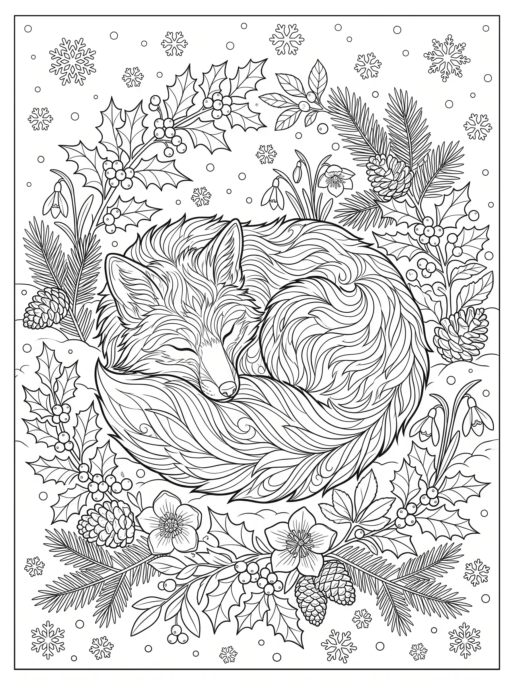 Sleeping Fox in Winter Holly, free printable Christmas coloring page for adults