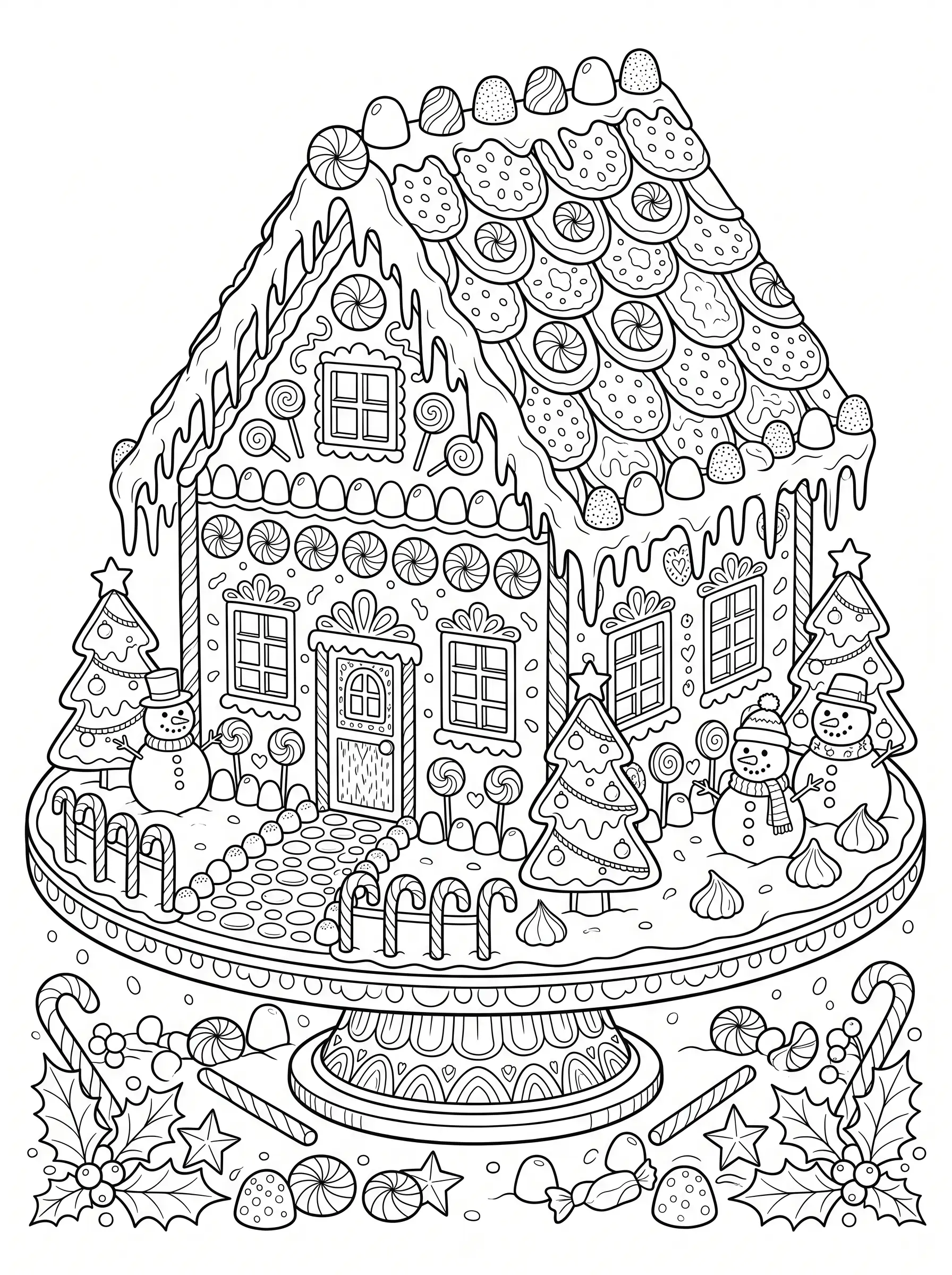 Maison en Pain d'Épice Gourmande, coloriage de Noël adulte à imprimer gratuitement