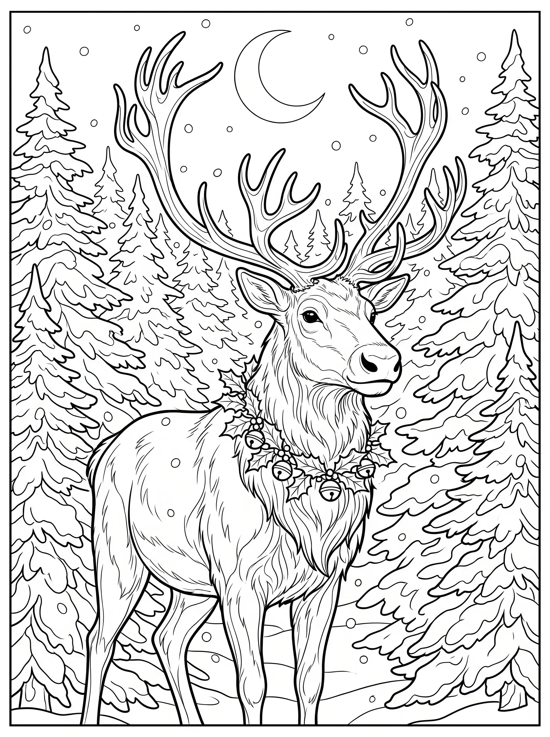 Renne de la Forêt Enneigée, coloriage de Noël adulte à imprimer gratuitement