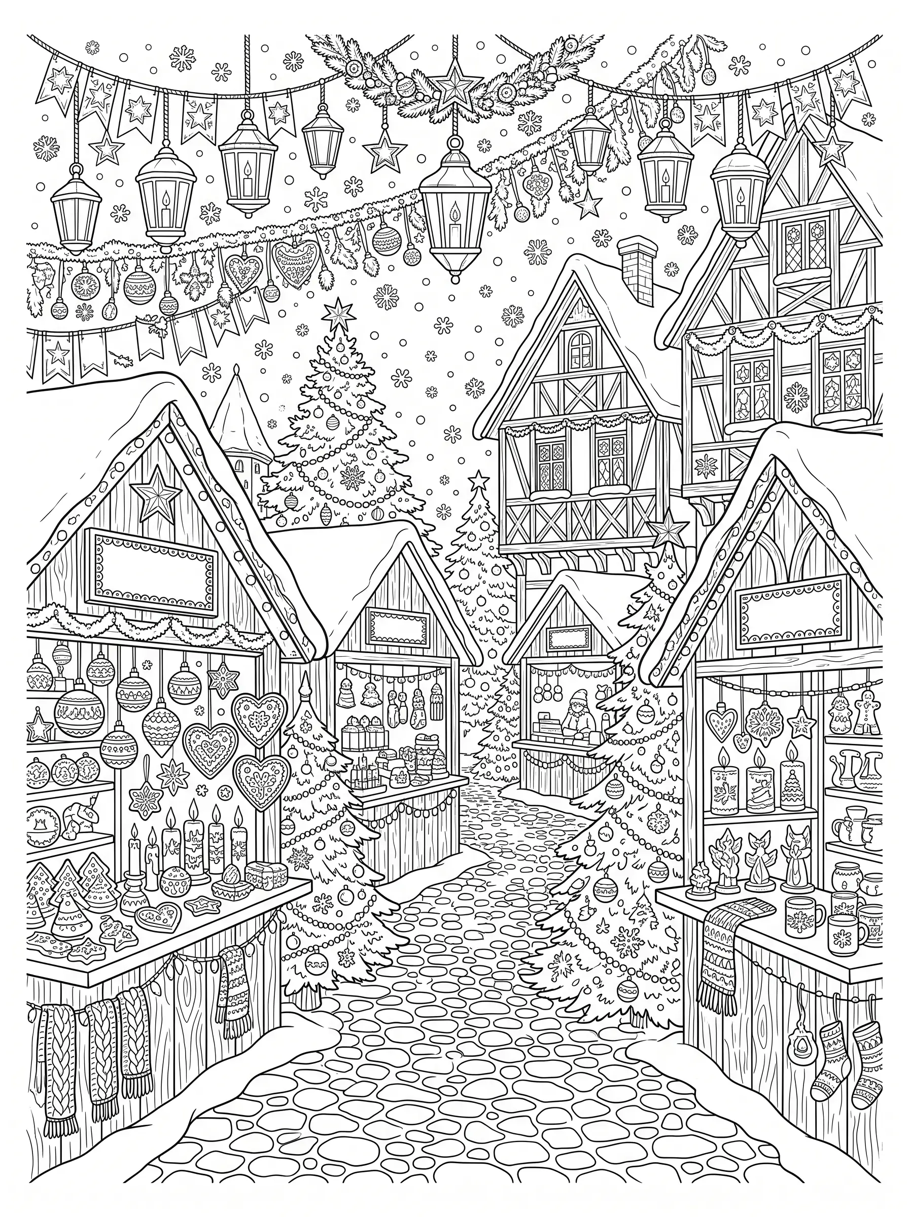 Rue du Marché de Noël, coloriage de Noël adulte à imprimer gratuitement