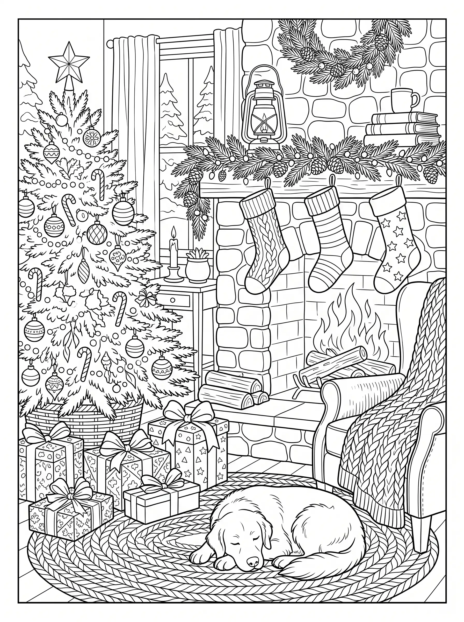 Salon de Noël au Coin du Feu, coloriage de Noël adulte à imprimer gratuitement