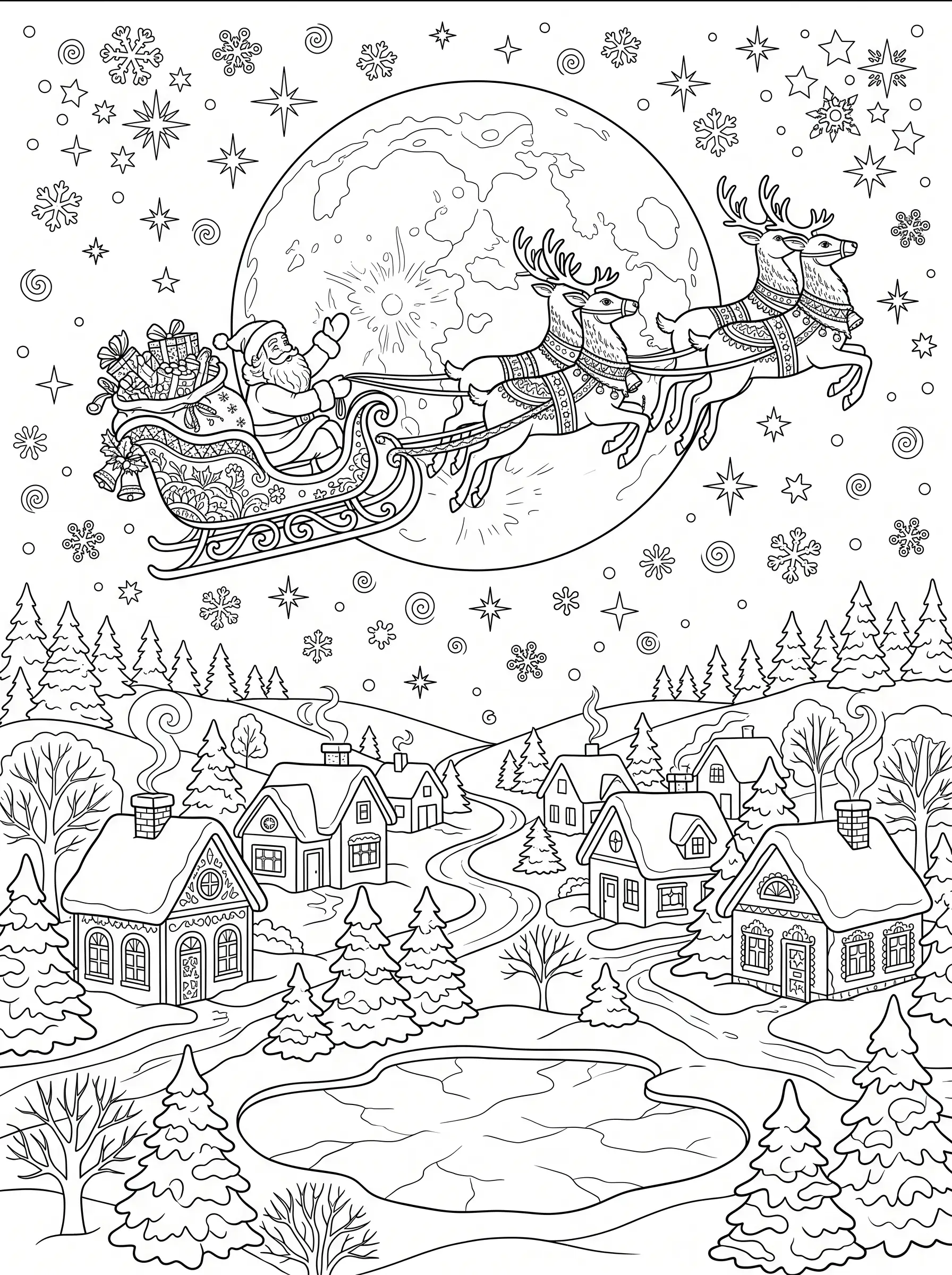 Traîneau du Père Noël sur le Village, coloriage de Noël adulte à imprimer gratuitement