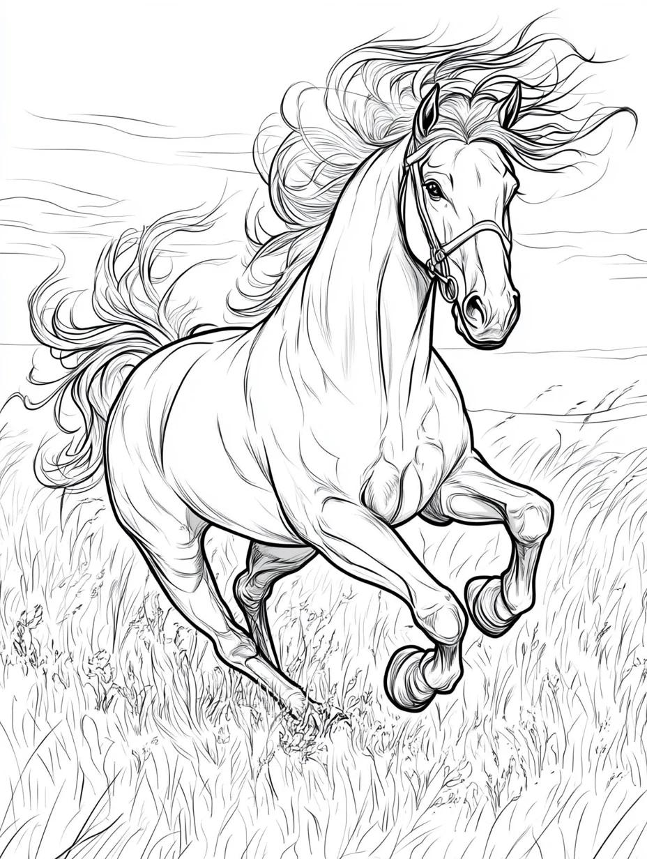Coloriage adulte gratuit cheval galopant prairie équestre à imprimer PDF