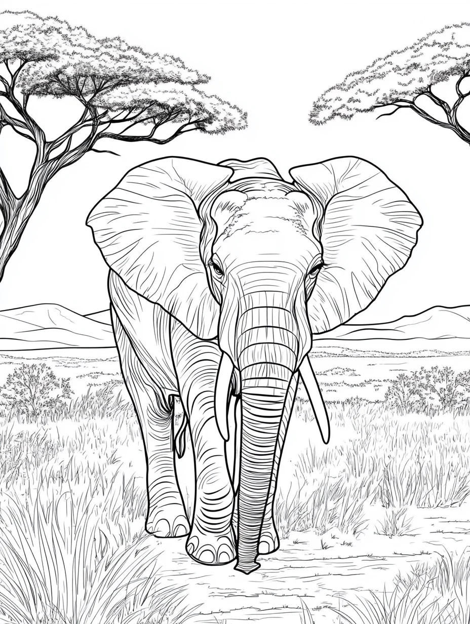 Coloriage adulte éléphant savane africaine faune sauvage PDF