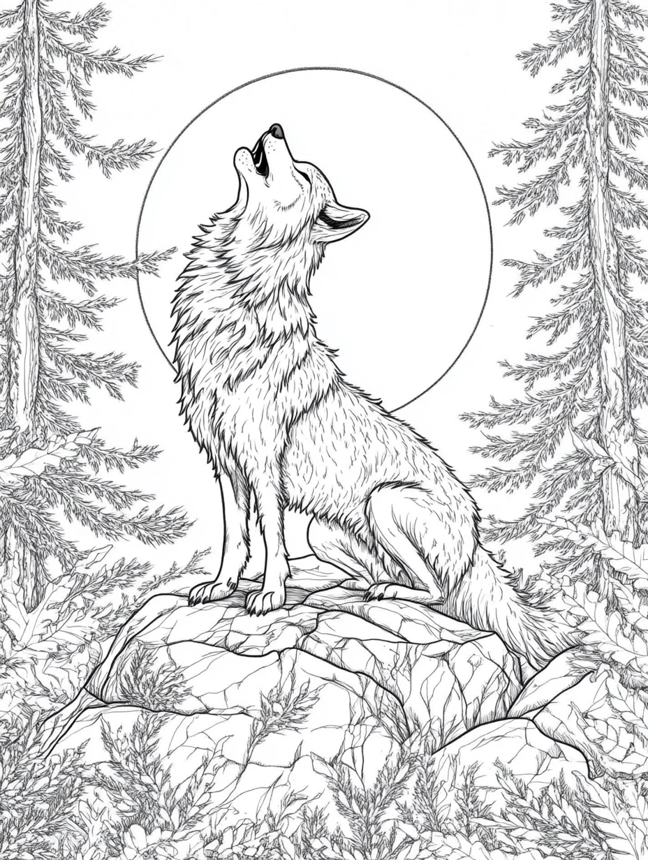 Coloriage adulte gratuit loup hurlant lune nuit sauvage à imprimer PDF