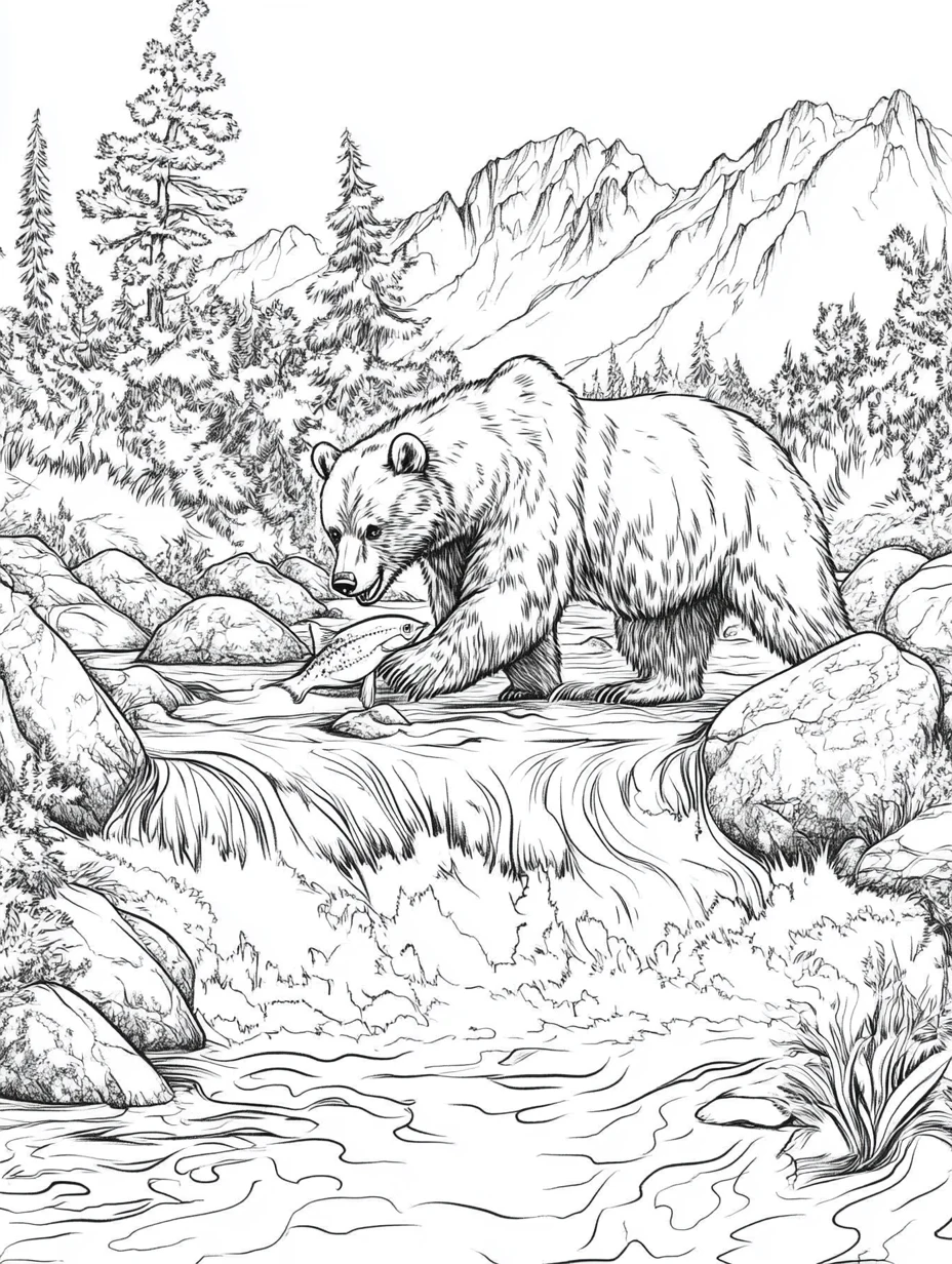 Coloriage adulte ours pêchant rivière forêt nature sauvage PDF