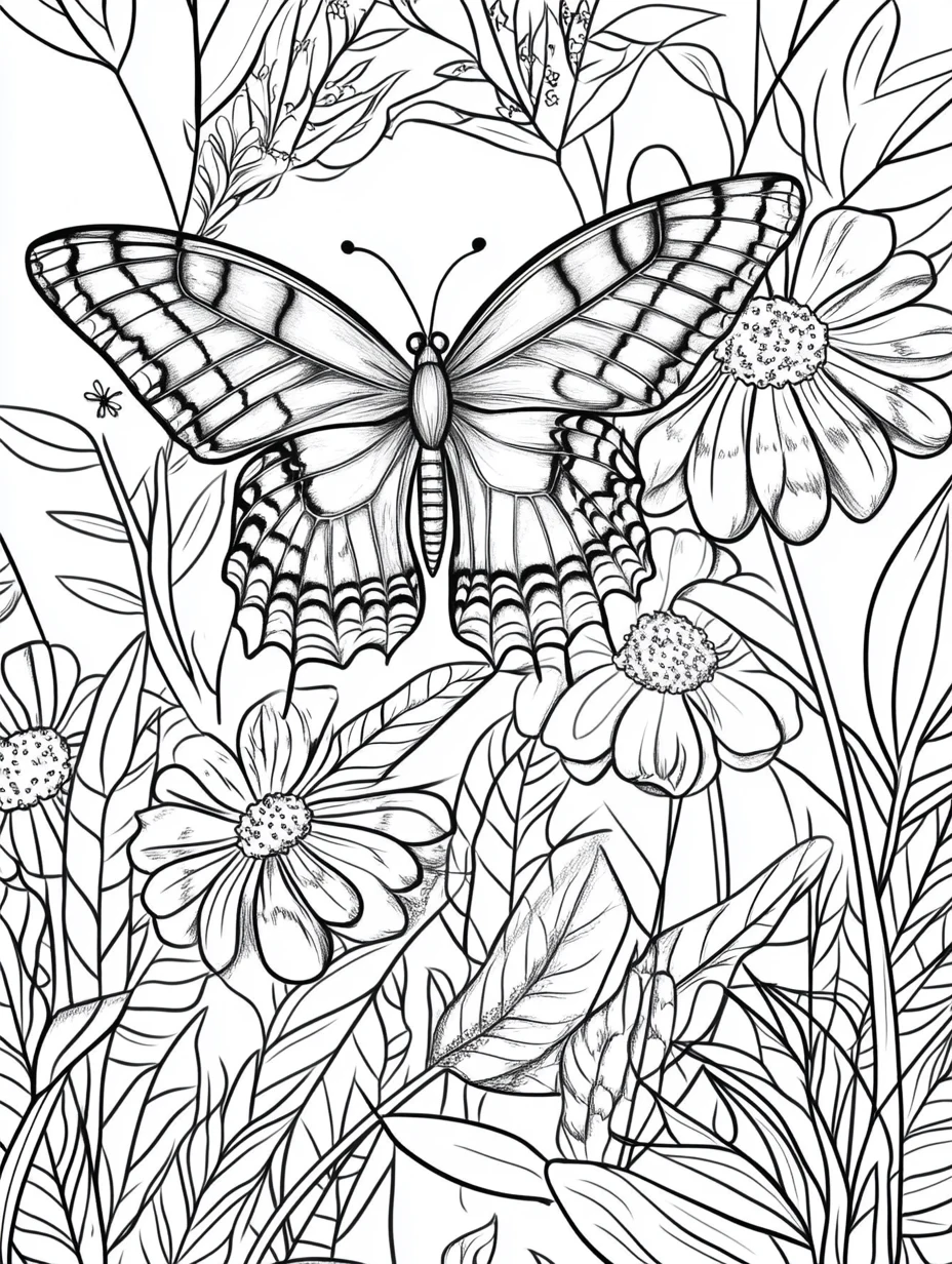 Coloriage adulte gratuit papillon fleurs sauvages nature PDF facile