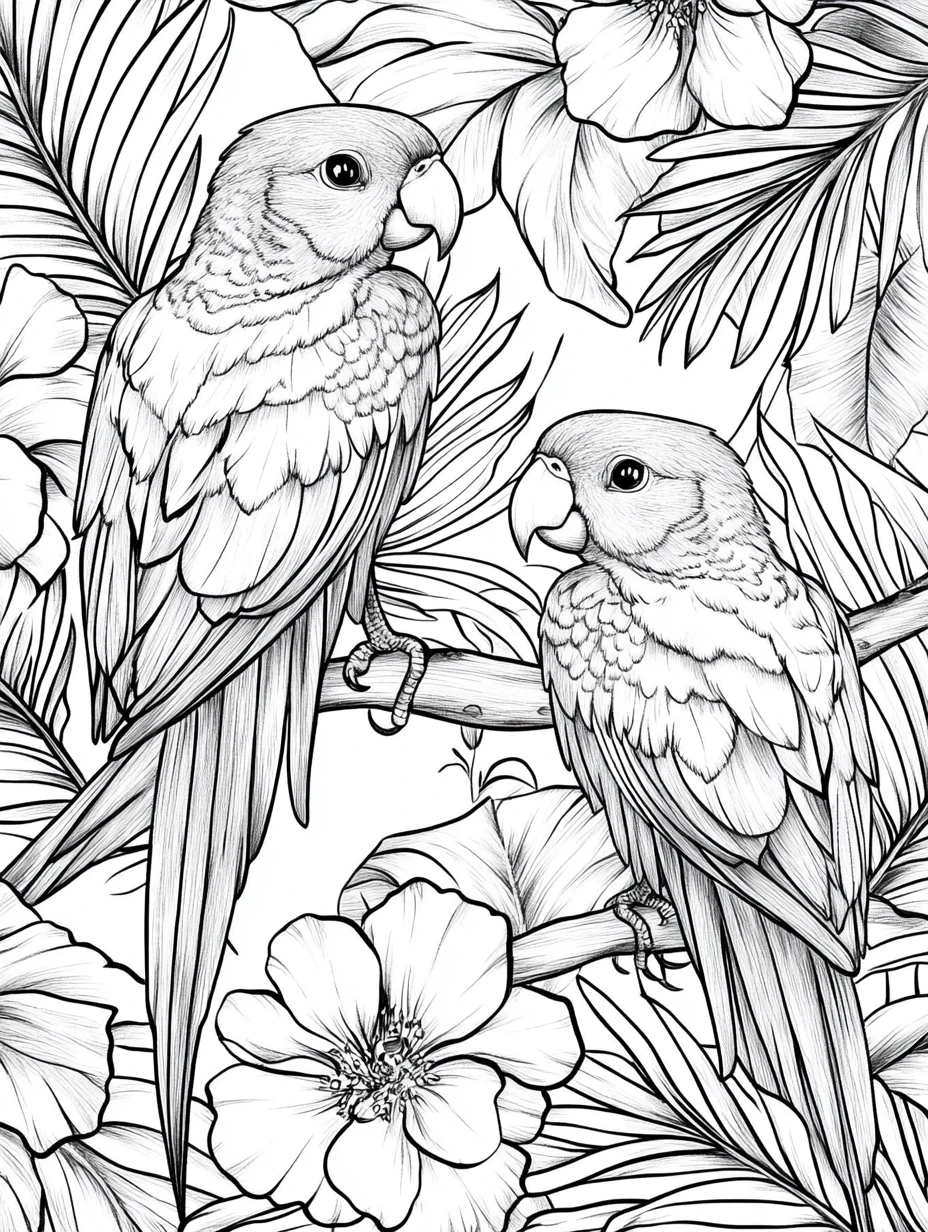Coloriage adulte expert perroquets tropicaux jungle oiseaux exotiques PDF