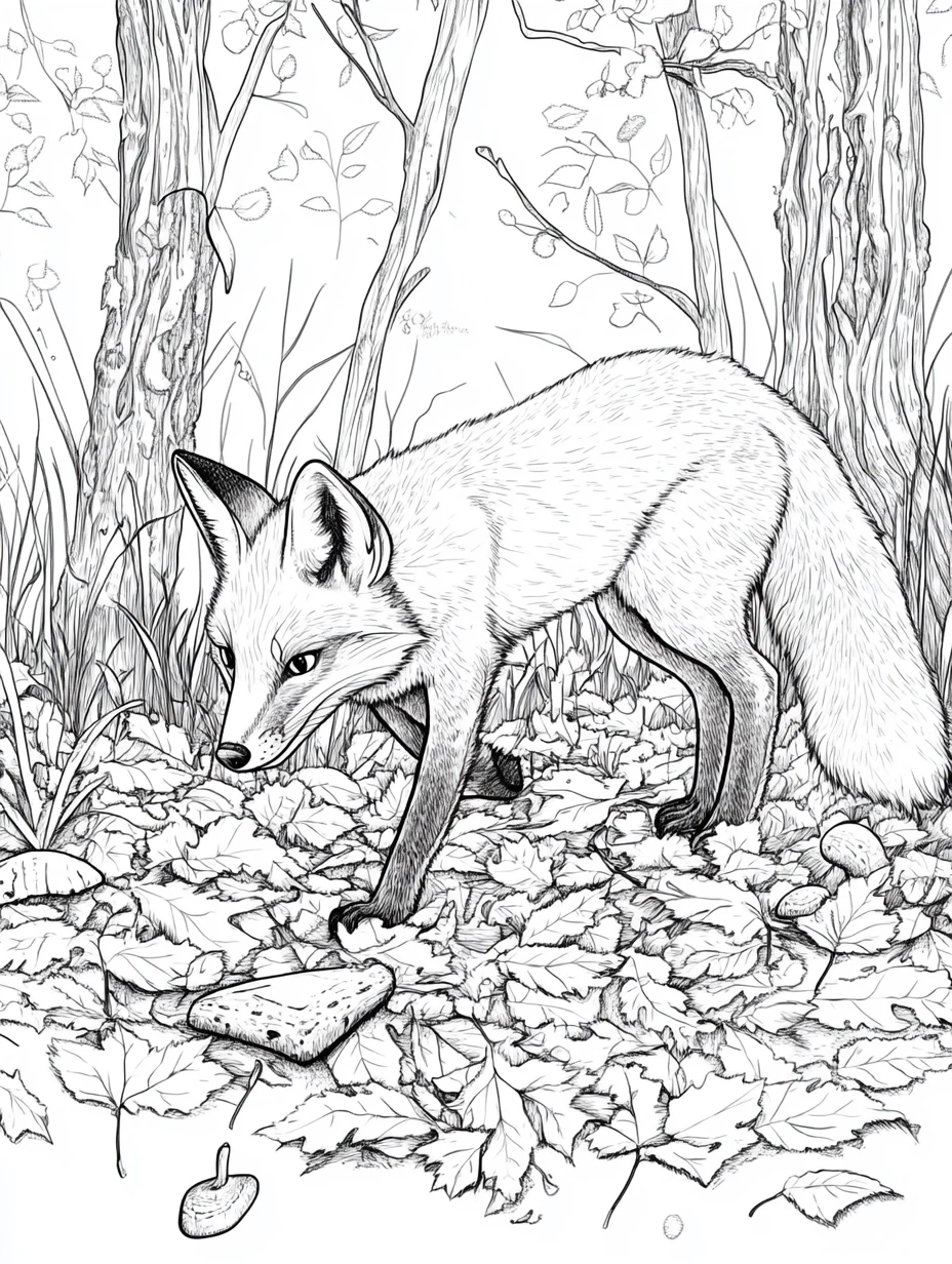 Coloriage adulte gratuit renard forêt automne nature rusé PDF