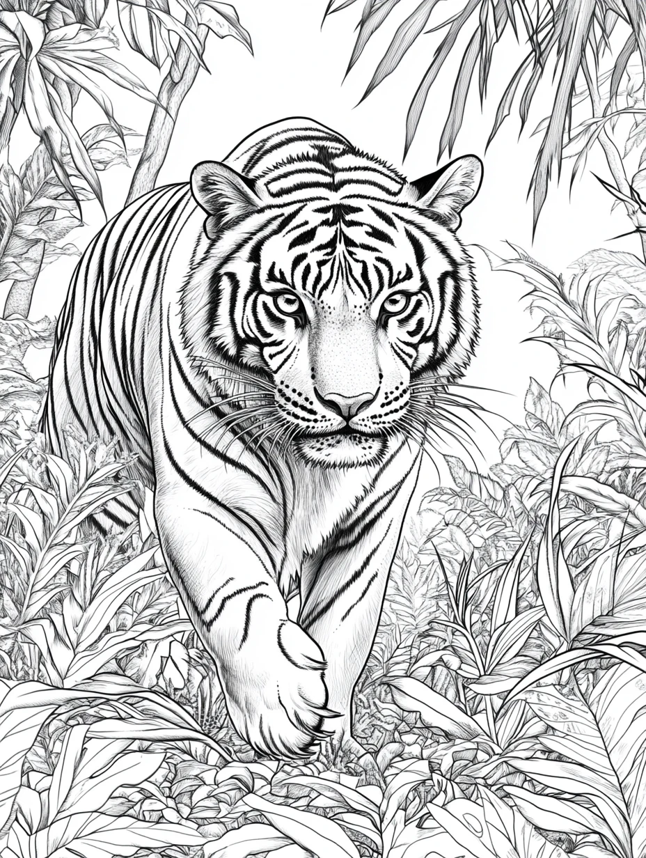 Coloriage adulte expert tigre jungle asiatique félin rayé PDF