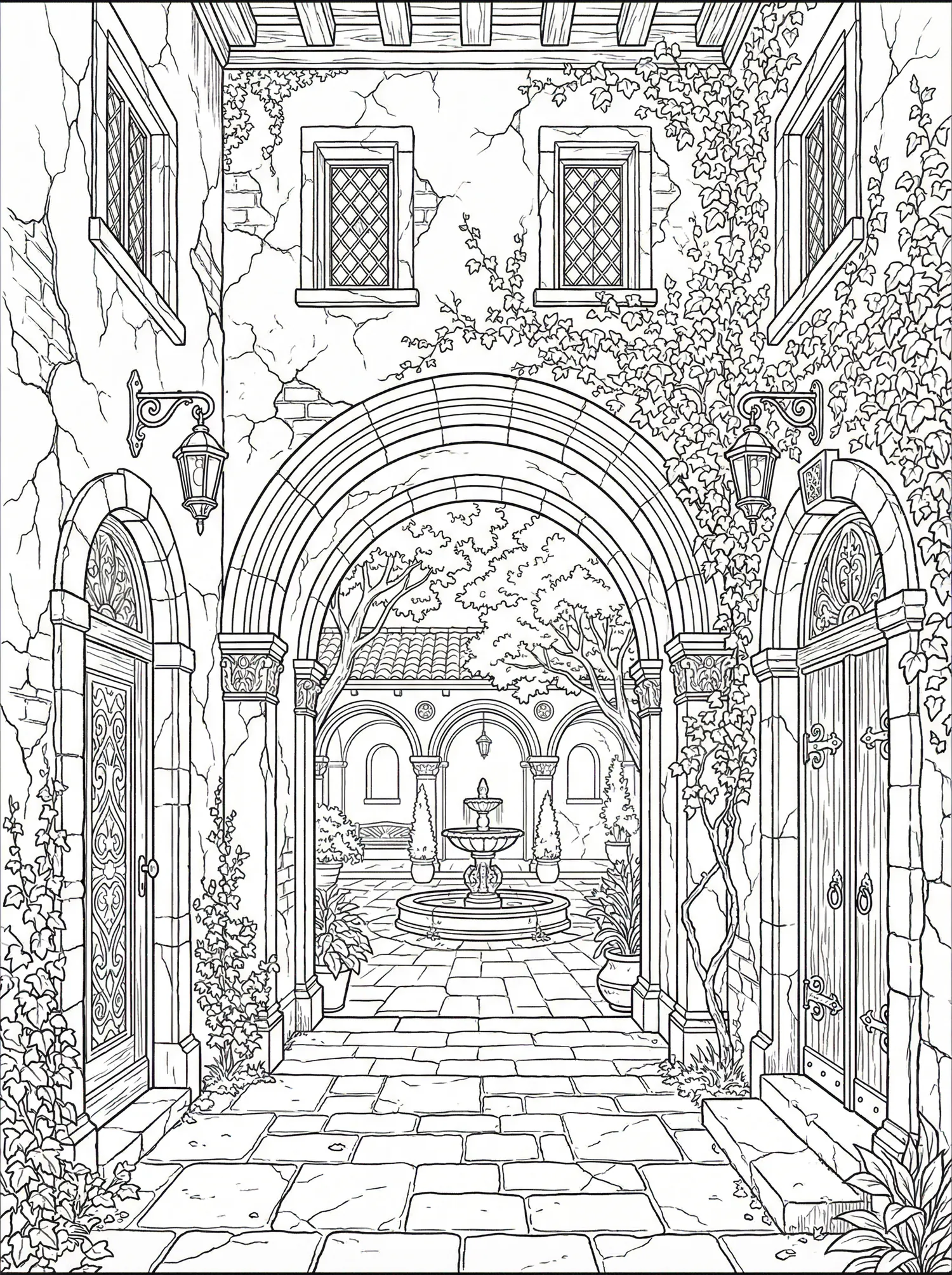 Coloriage adulte expert cour intérieure médiévale fontaine lierre arche pierre PDF