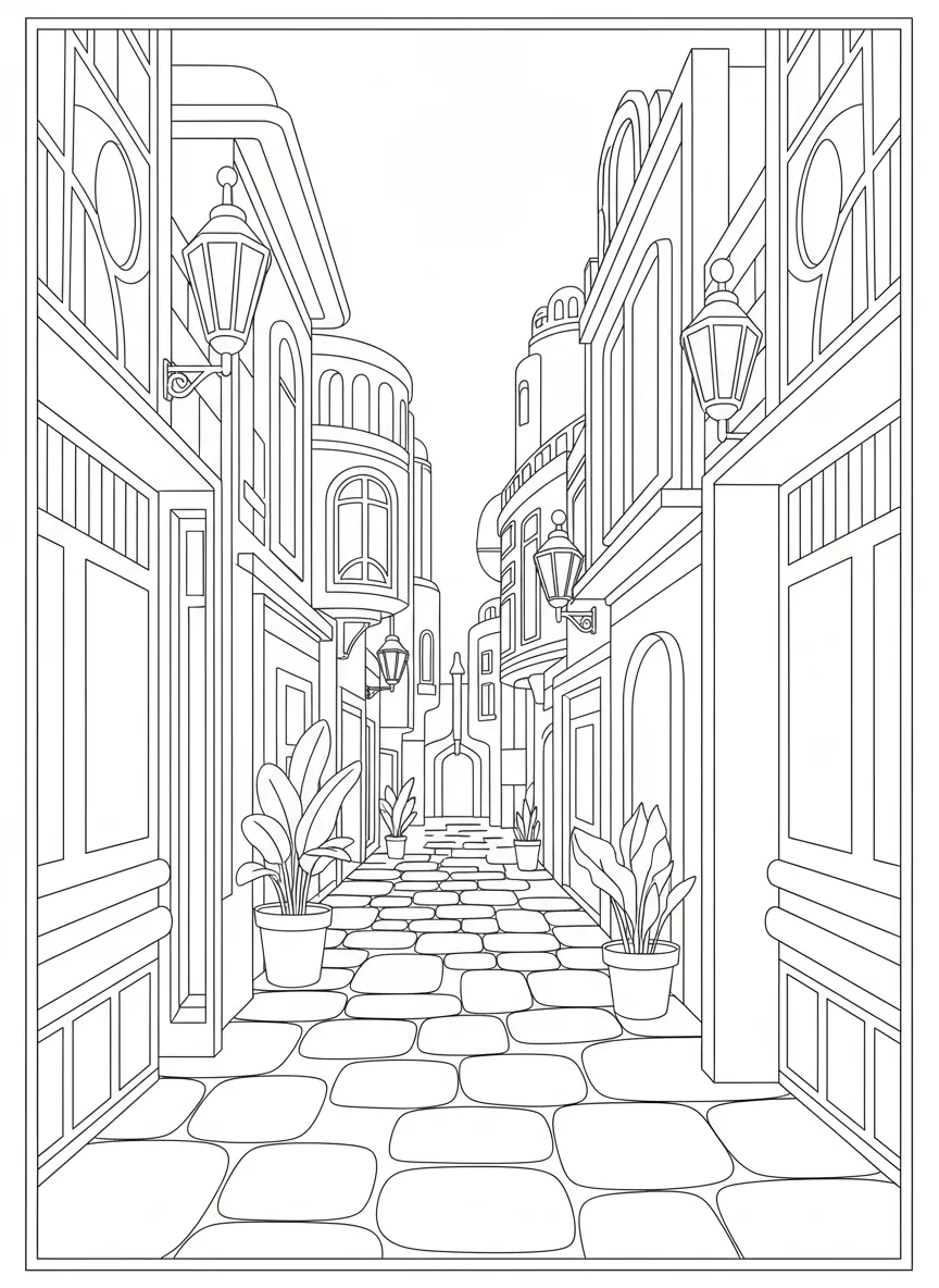 Coloriage adulte moyen ruelle élégante lanternes classiques plantes méditerranéenne PDF