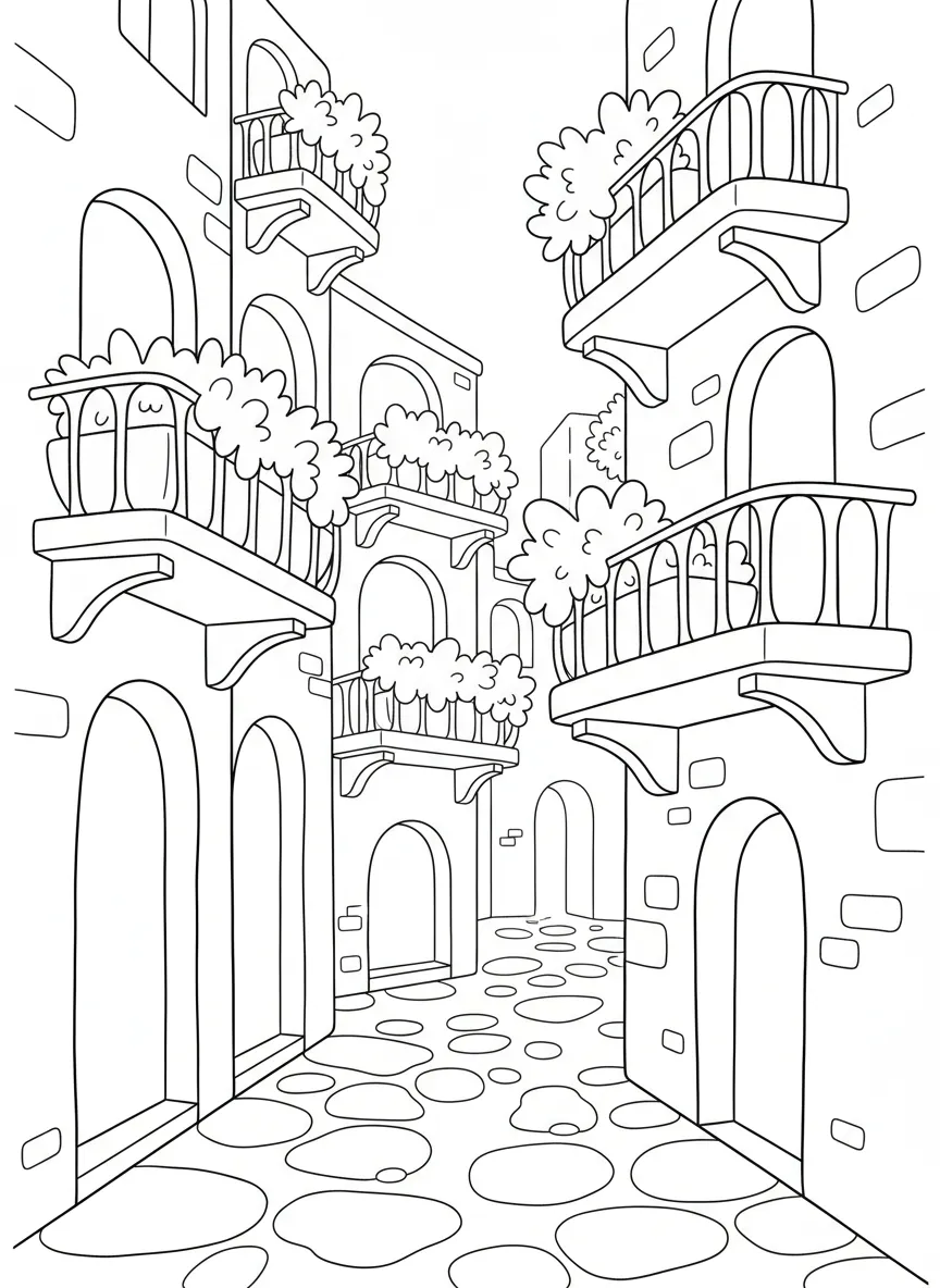 Coloriage adulte facile ruelle italienne balcons fleuris façades méditerranéennes PDF