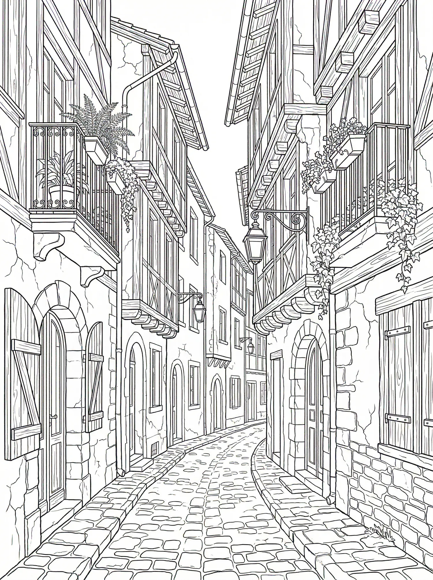 Coloriage adulte expert ruelle étroite village ancien colombages fer forgé pavés PDF