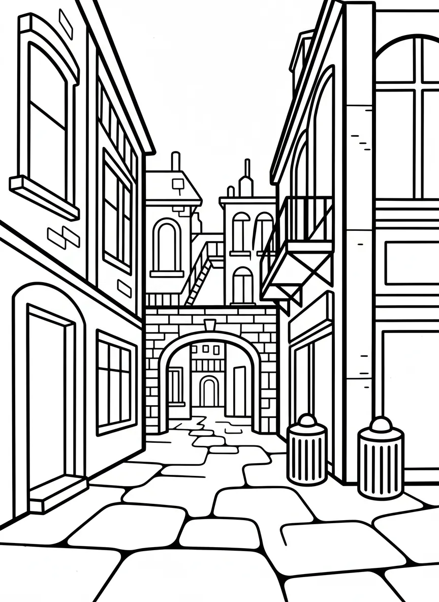 Coloriage adulte facile ruelle médiévale arche pierre passage bâtiments PDF