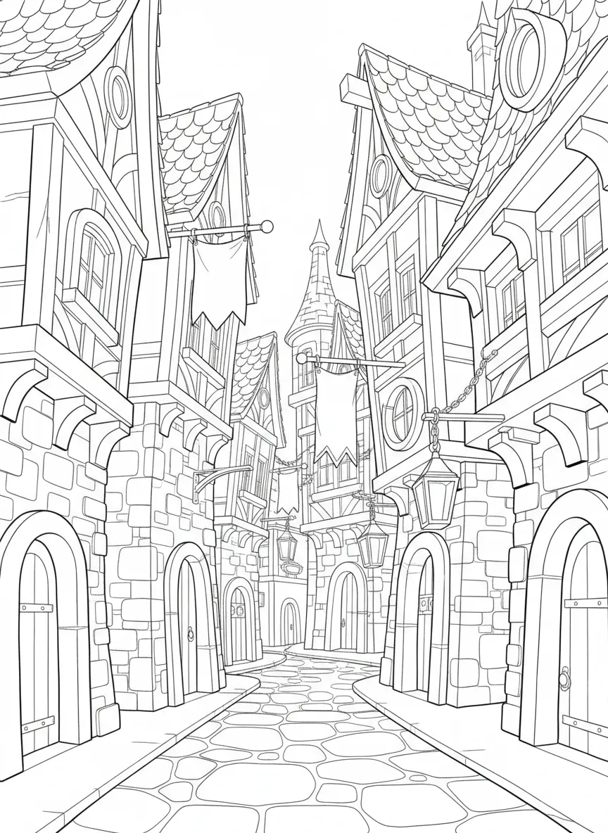 Coloriage adulte expert ruelle médiévale fantaisie tours bannières lanternes PDF
