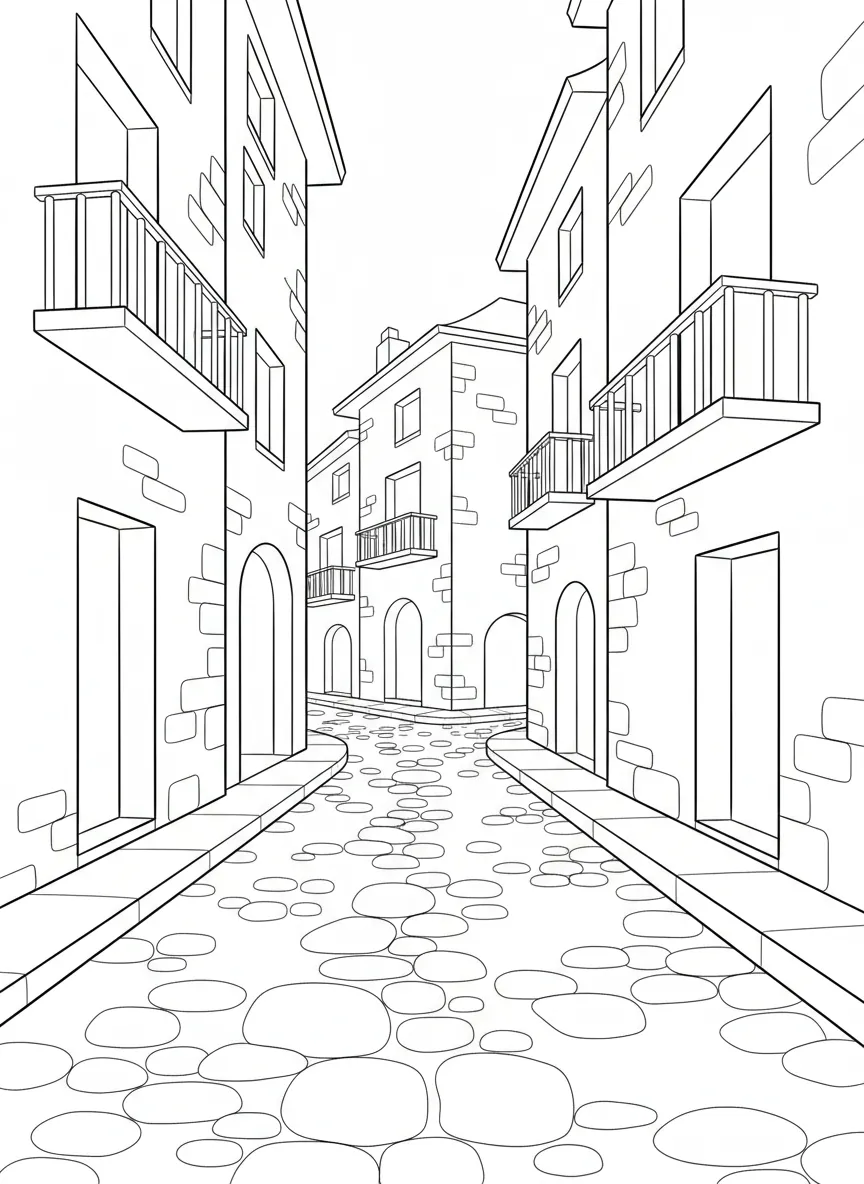 Coloriage adulte facile ruelle pavée méditerranéenne balcons village ancien PDF