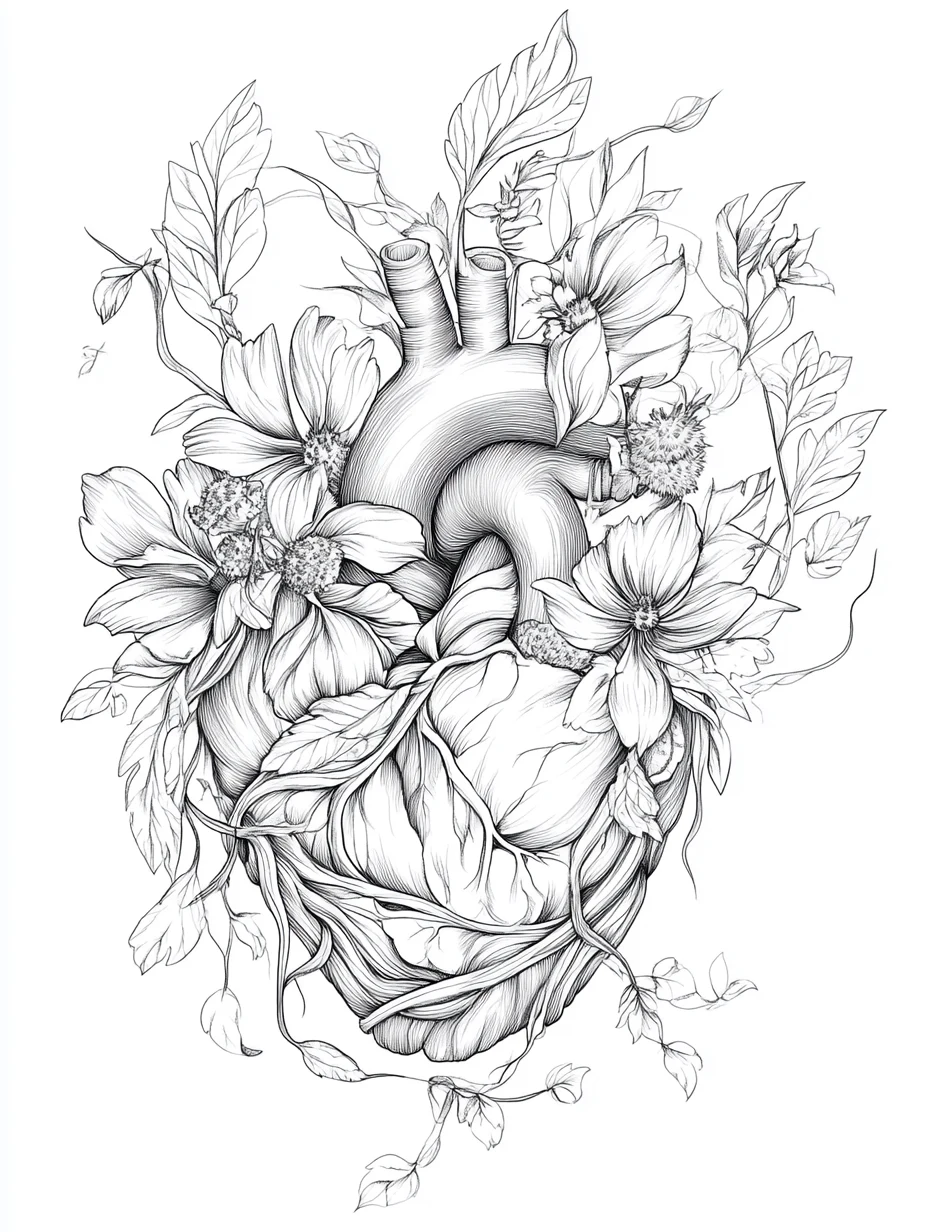 Coloriage adulte gratuit cœur fleuri symbolique amour romantique PDF