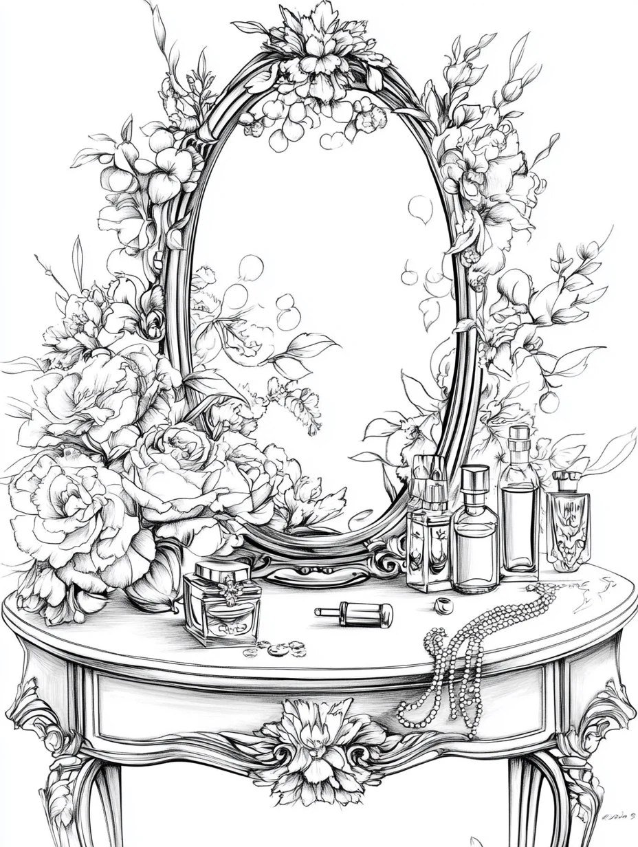 Coloriage adulte coiffeuse vintage fleurie rétro romantique miroir PDF