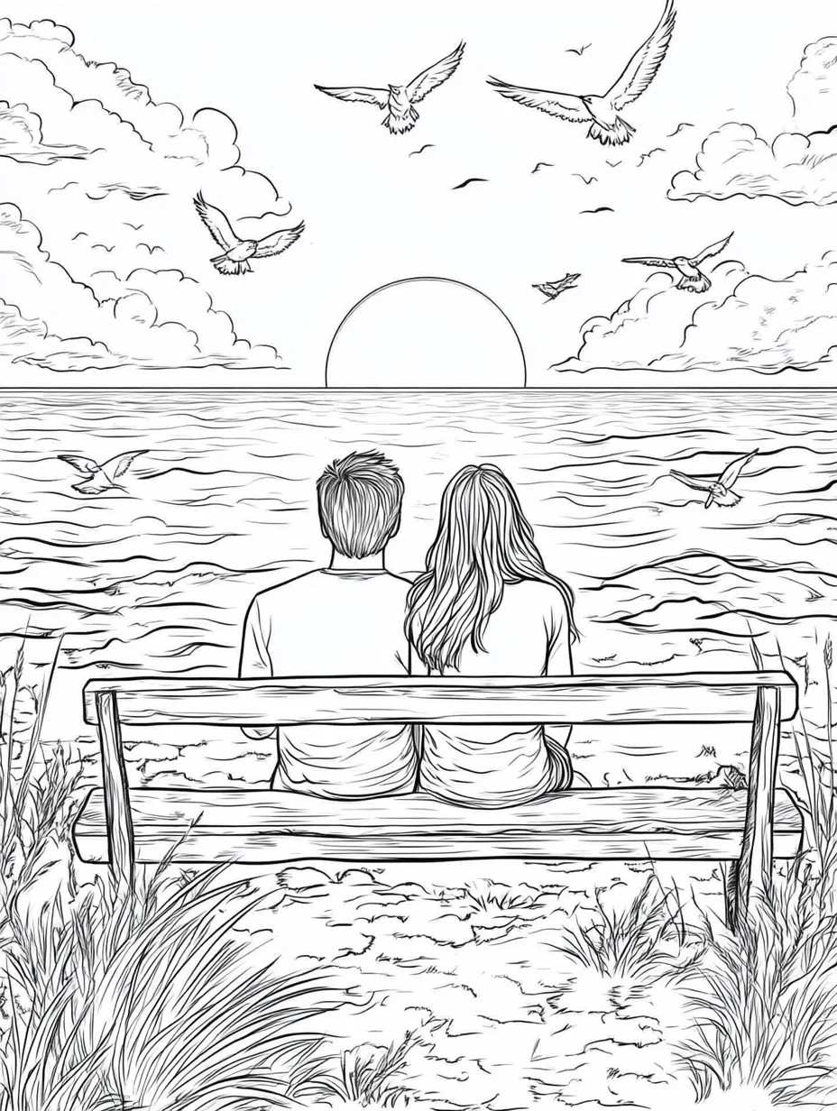 Coloriage adulte gratuit couple coucher soleil romantique amour PDF facile