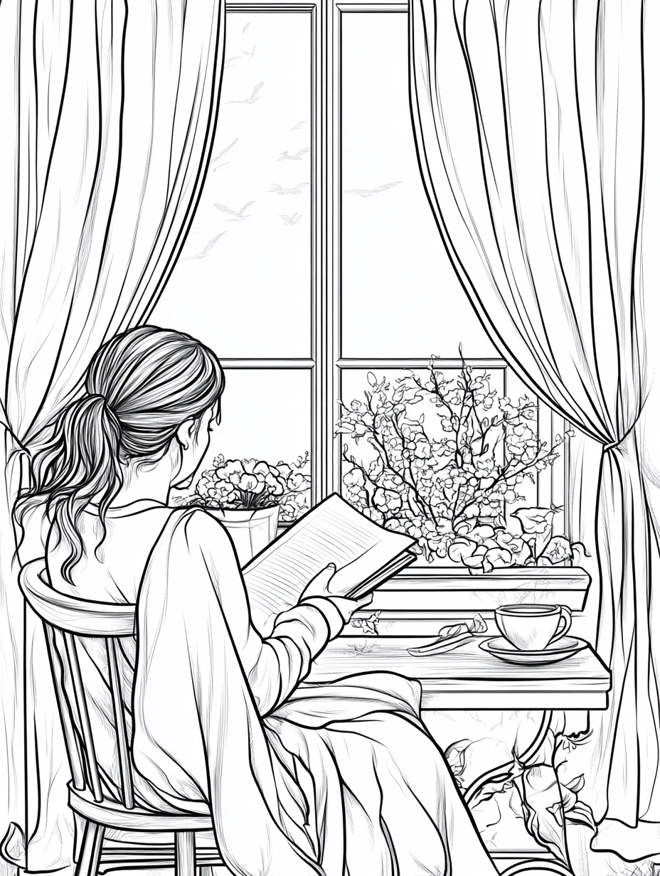 Coloriage adulte femme lisant fenêtre lecture contemplative calme PDF