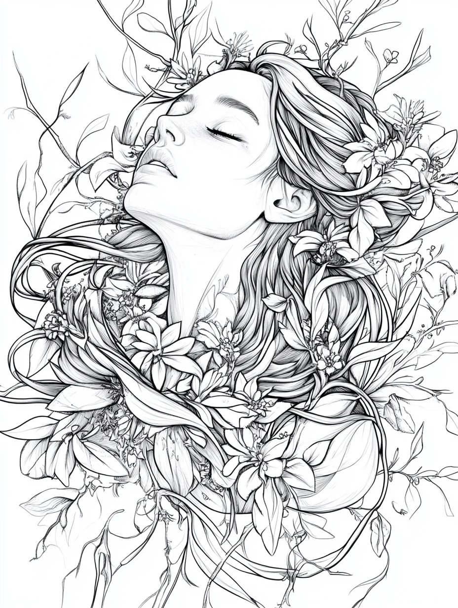 Coloriage adulte expert portrait femme floral cheveux couronne fleurs PDF