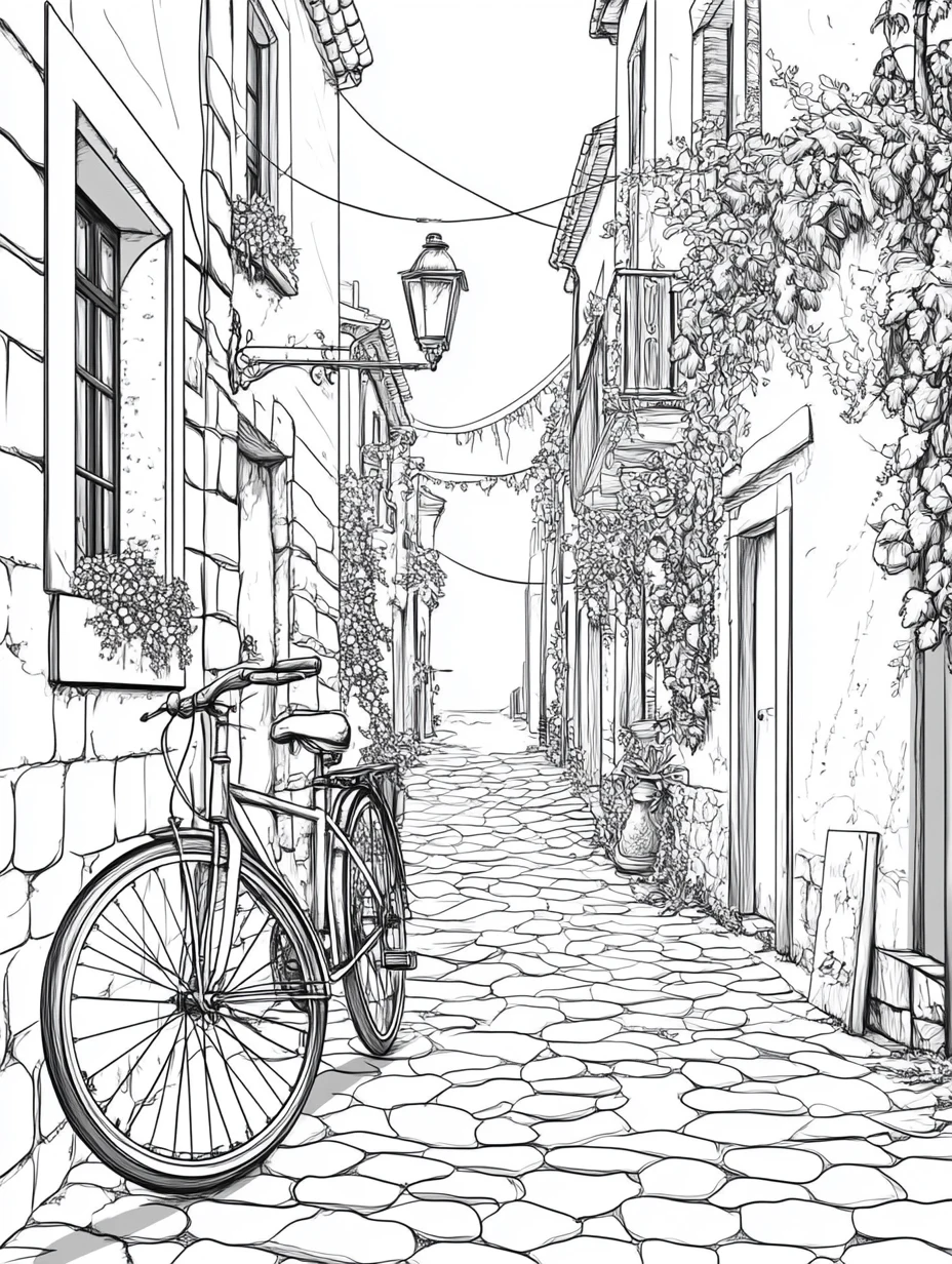 Coloriage adulte gratuit vélo ruelle fleurie vintage bohème romantique PDF