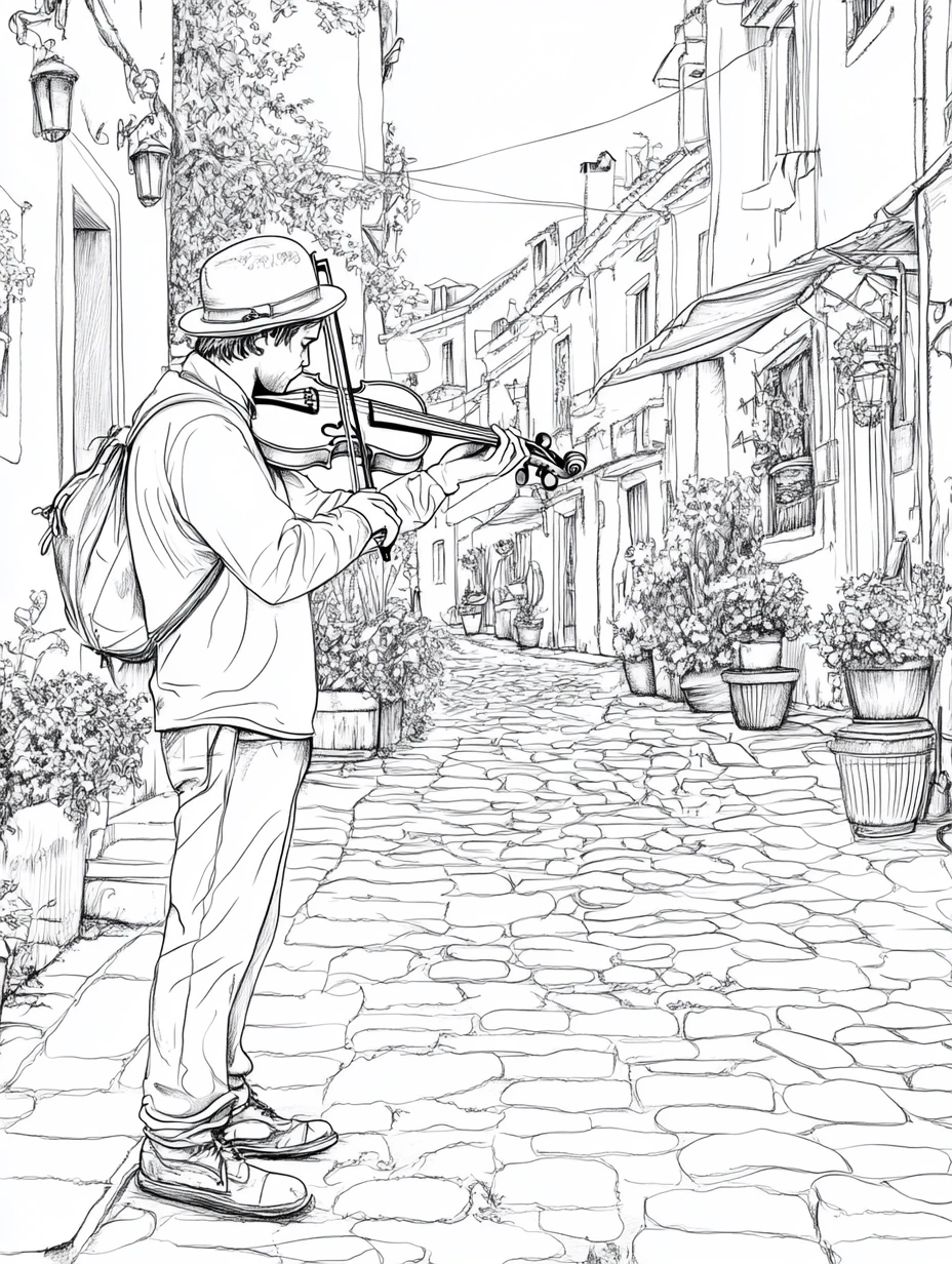 Coloriage adulte violoniste rue musicien art urbain classique PDF