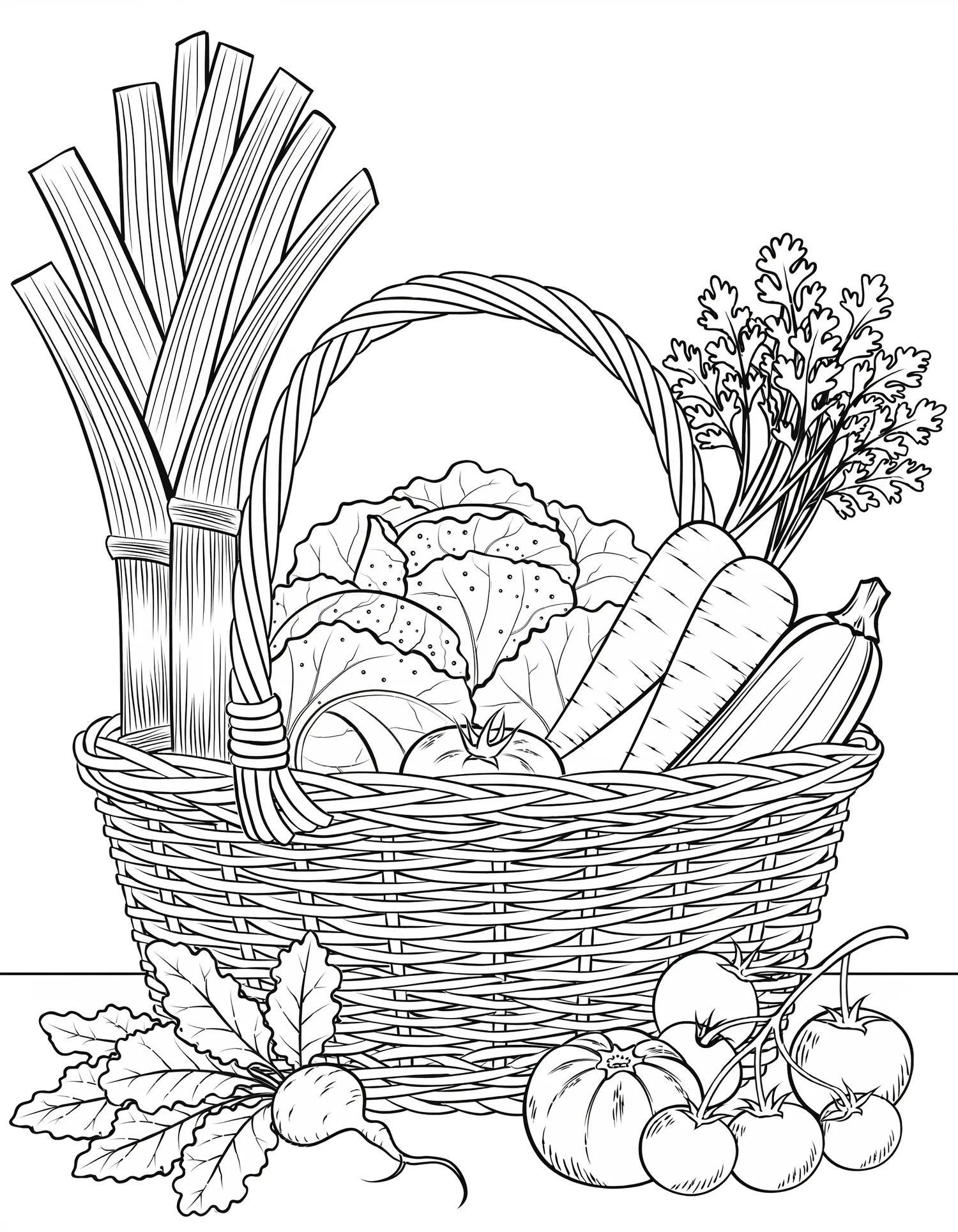 Coloriage adulte facile panier marché légumes de saison potager PDF