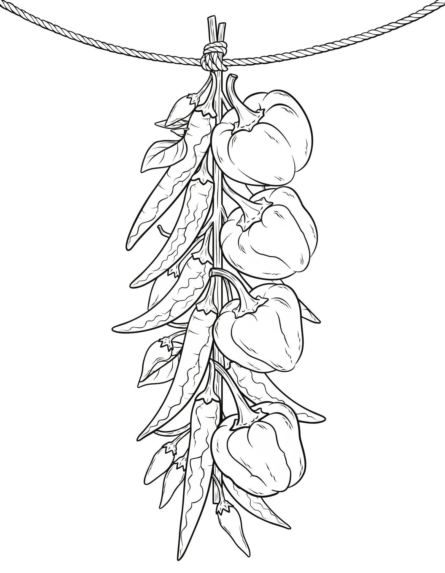 Coloriage adulte gratuit piments poivrons suspendus cuisine méditerranéenne PDF