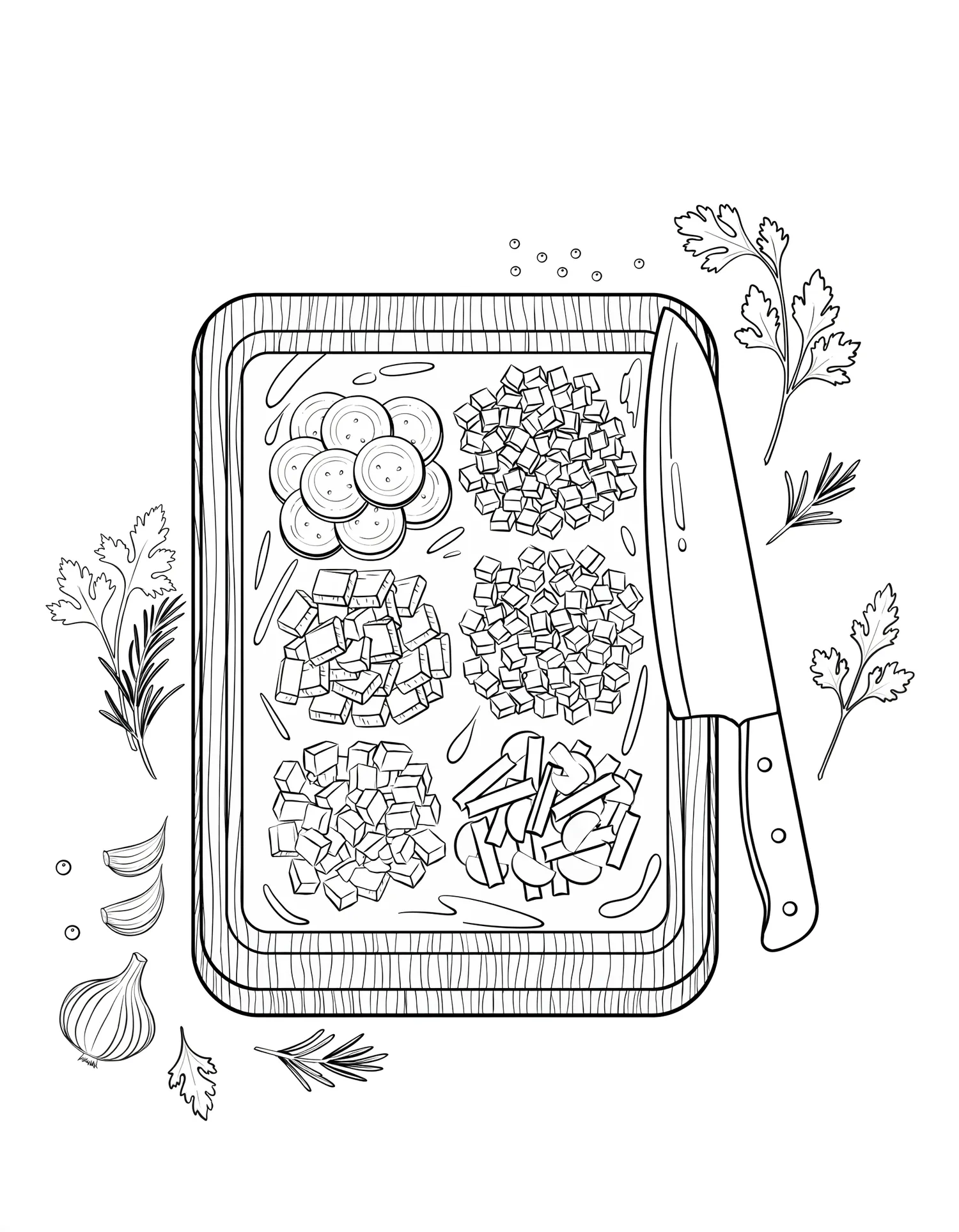 Coloriage adulte facile planche à découper garnie légumes cuisine PDF