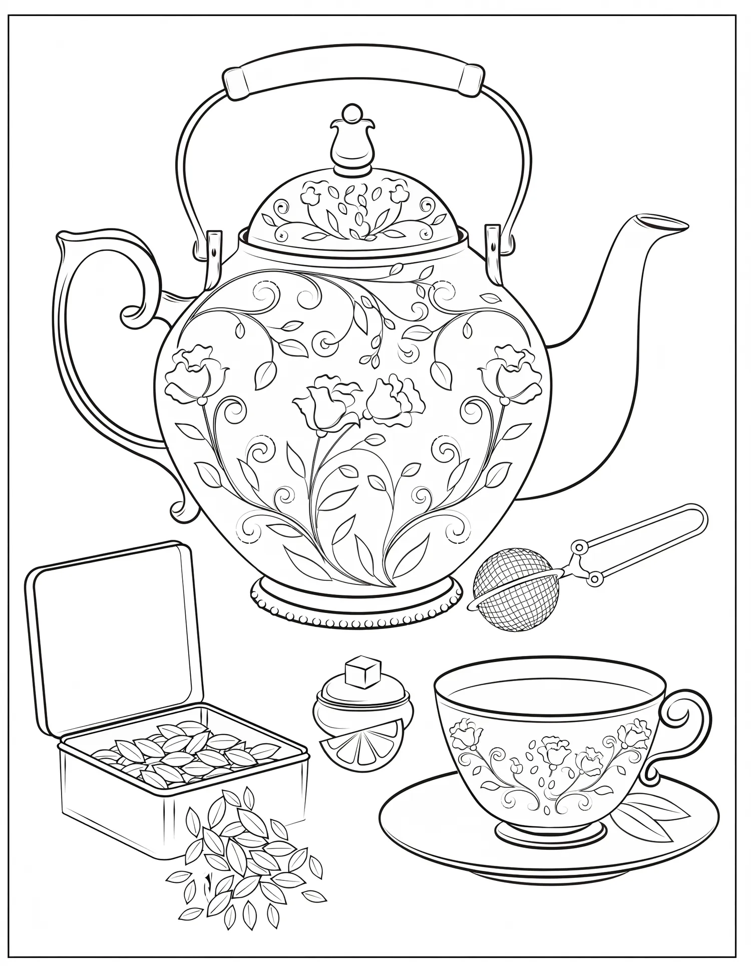 Coloriage adulte gratuit théière anglaise sélection thés porcelaine PDF