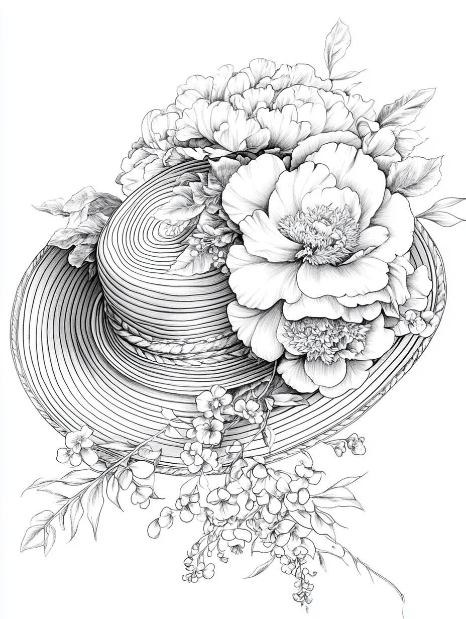 Coloriage adulte chapeau de paille fleuri champêtre à imprimer en PDF