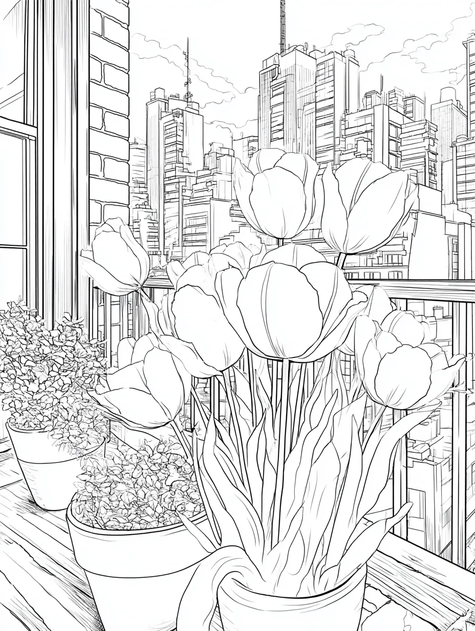 Coloriage adulte gratuit balcon urbain avec tulipes à imprimer en PDF