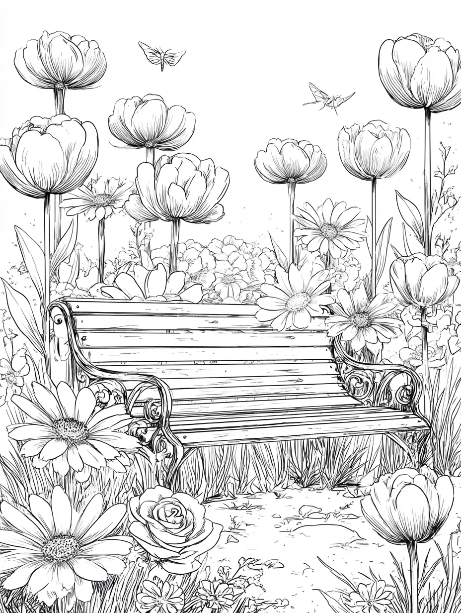 Coloriage adulte banc de jardin fleuri avec tulipes et papillons PDF