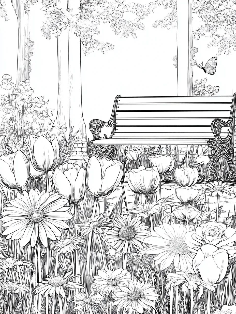 Coloriage adulte gratuit banc de parc entouré de fleurs à imprimer PDF