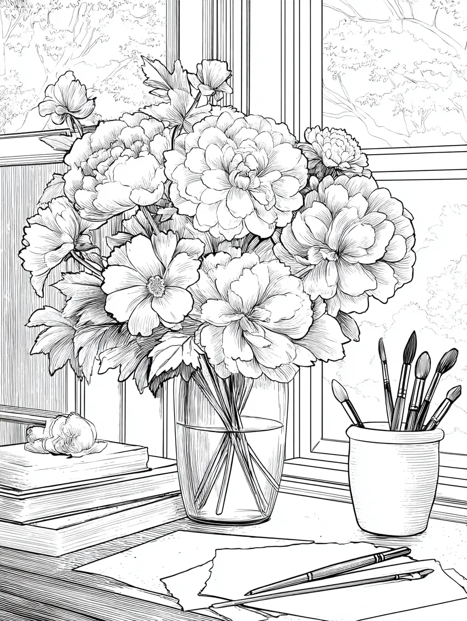 Coloriage adulte bouquet sur bureau d'artiste nature morte PDF gratuit