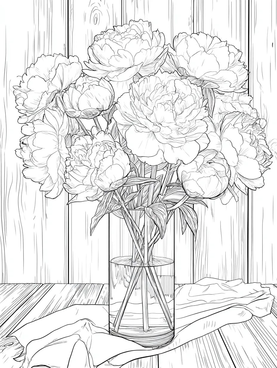 Coloriage adulte expert pivoines dans vase en verre transparent PDF